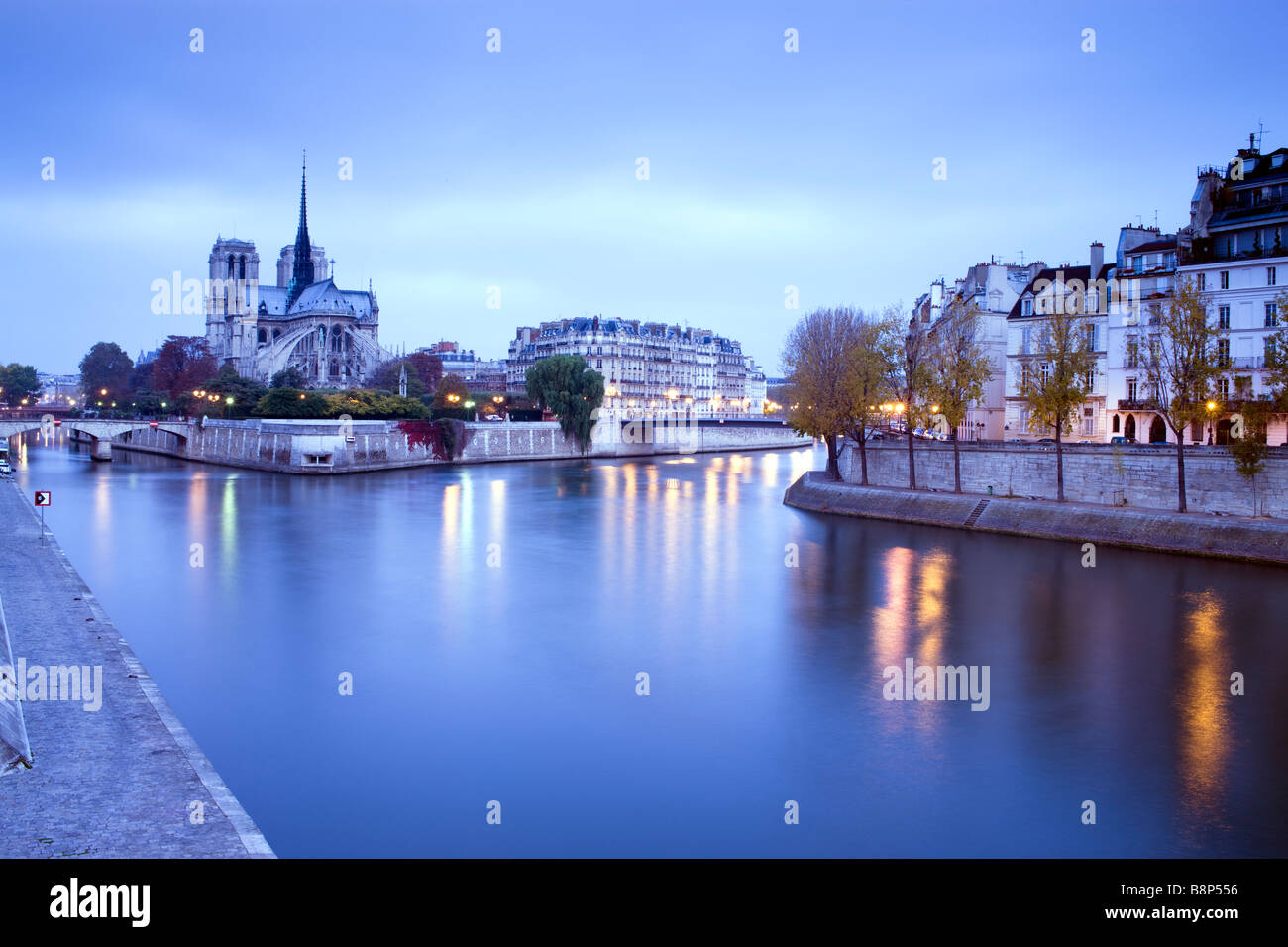 La cattedrale di Notre Dame visto oltre il Fiume Senna Parigi Francia Foto Stock