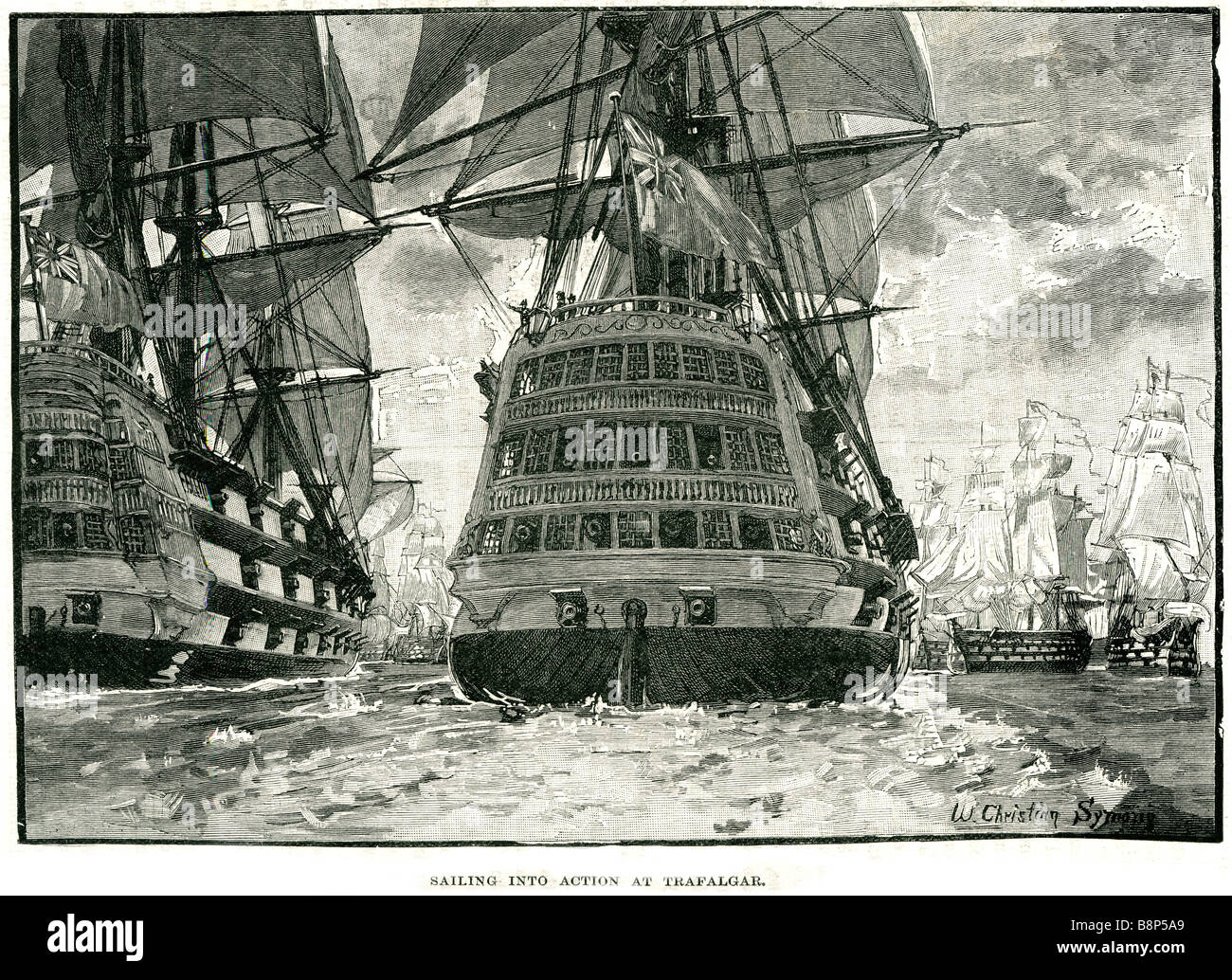 Barca a vela in azione la Battaglia di Trafalgar 21 ottobre 1805 mare battaglia combattuta British Royal Navy Marina Francese Spagnolo Foto Stock