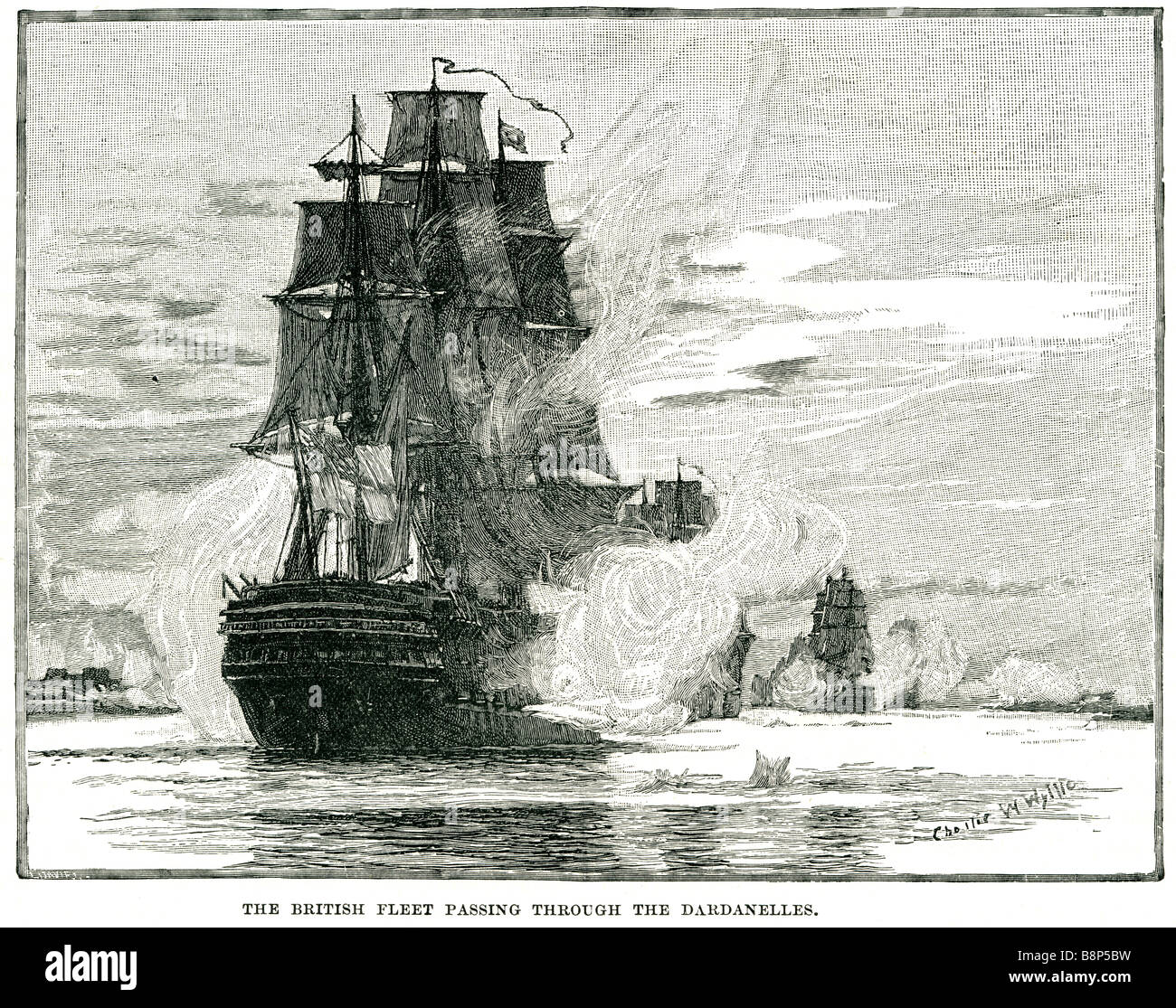 La flotta britannica passando attraverso dei Dardanelli Royal Navy ship Battaglia di Trafalgar Admiral Lord Nelson Foto Stock