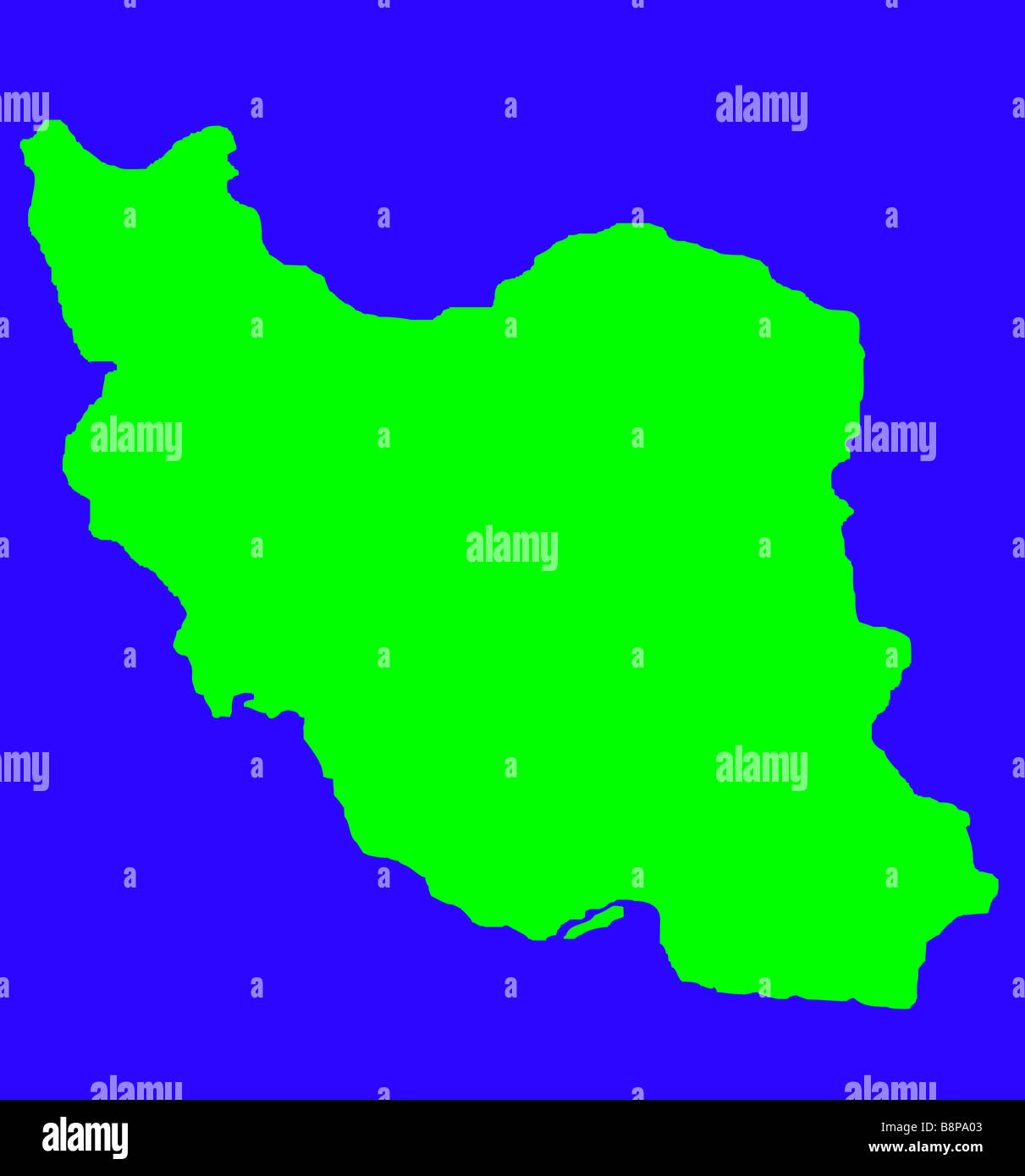 Contorno verde Mappa di Iran isolato su sfondo blu con tracciato di ritaglio Foto Stock