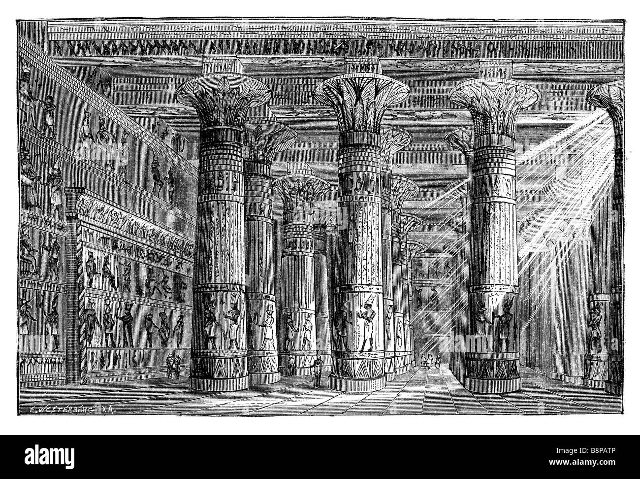 Tempio egizio. Originariamente pubblicato nel libro svedese Historisk läsebok pubblicato in 1882 Foto Stock