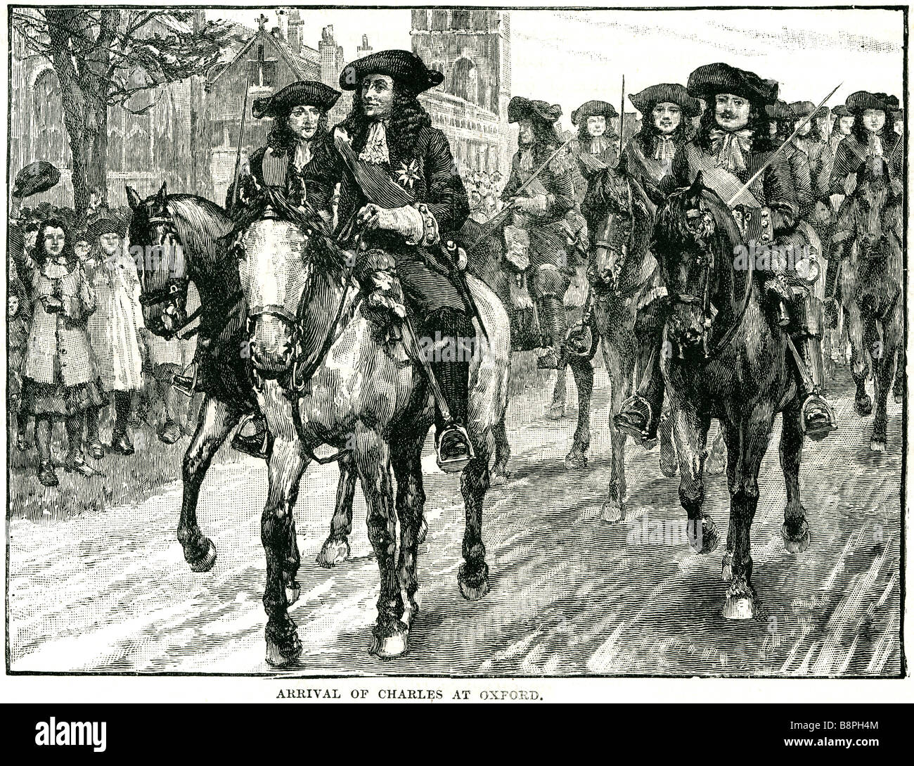Arrivo di Carlo a oxford royal periodo royalty dress cavallo sfilata di trasporto abbigliamento tradizionale re II 2° Inghilterra GB U Foto Stock
