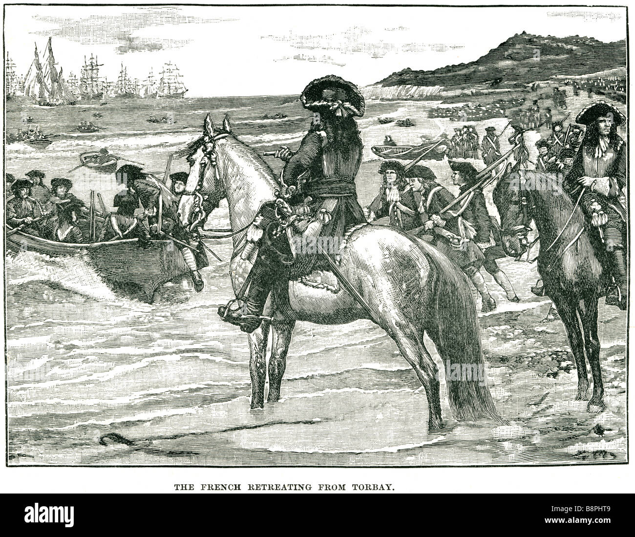 La ritirata dei francesi da torbay soldato uniforme militare Inghilterra mare spiaggia abito periodo a cavallo ritiro dell esercito barca shi Foto Stock