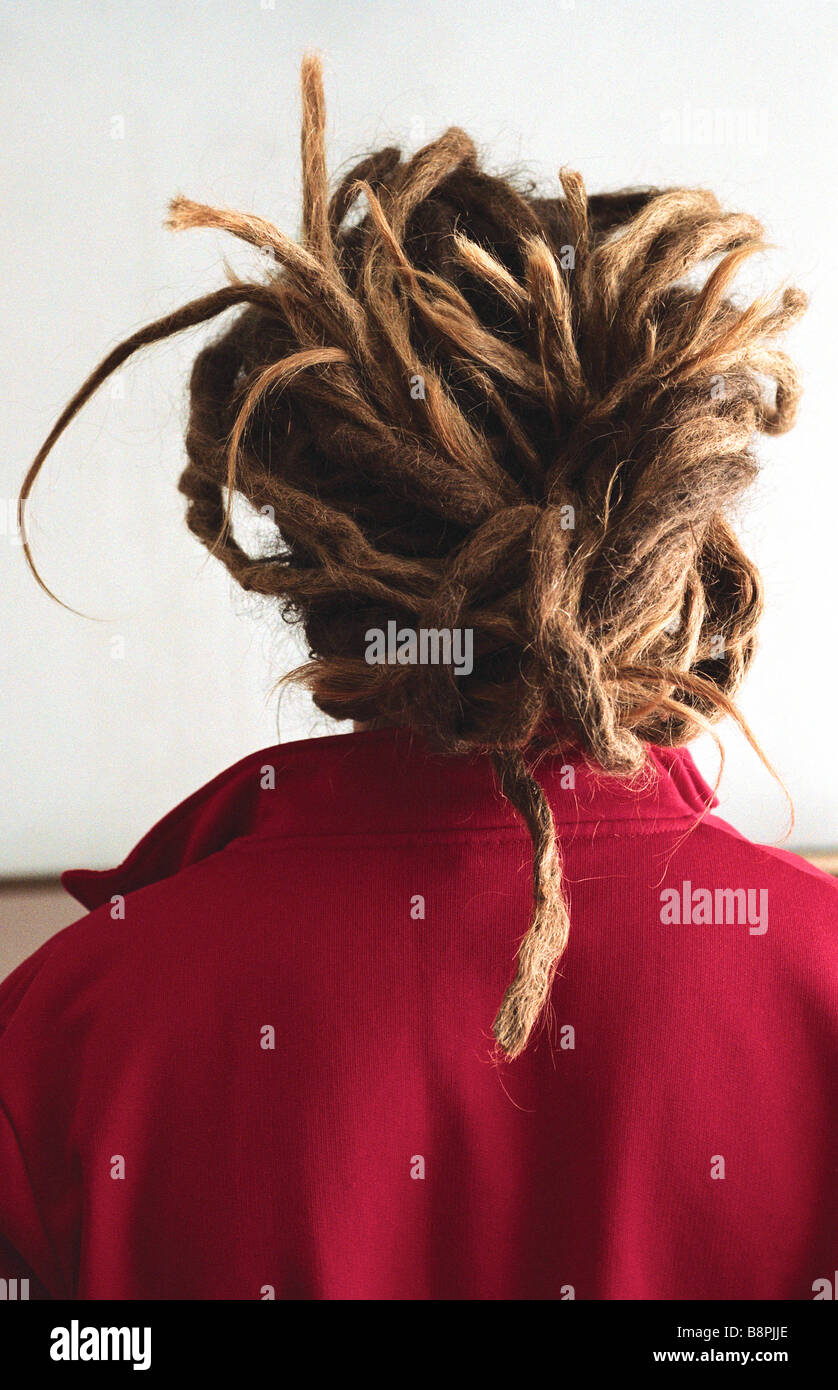 Uomo con lunghi dreadlocks, vista posteriore Foto Stock