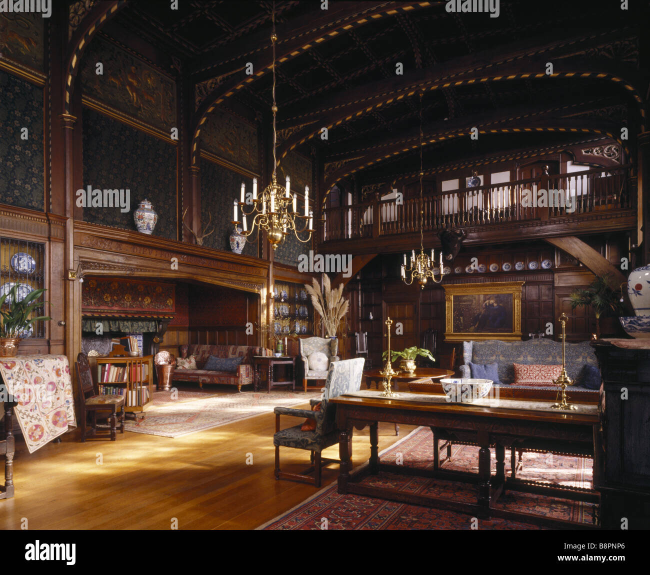 Il grande salone al Wightwick Manor presa nel febbraio 1992 dopo la nuova disposizione dei mobili Foto Stock
