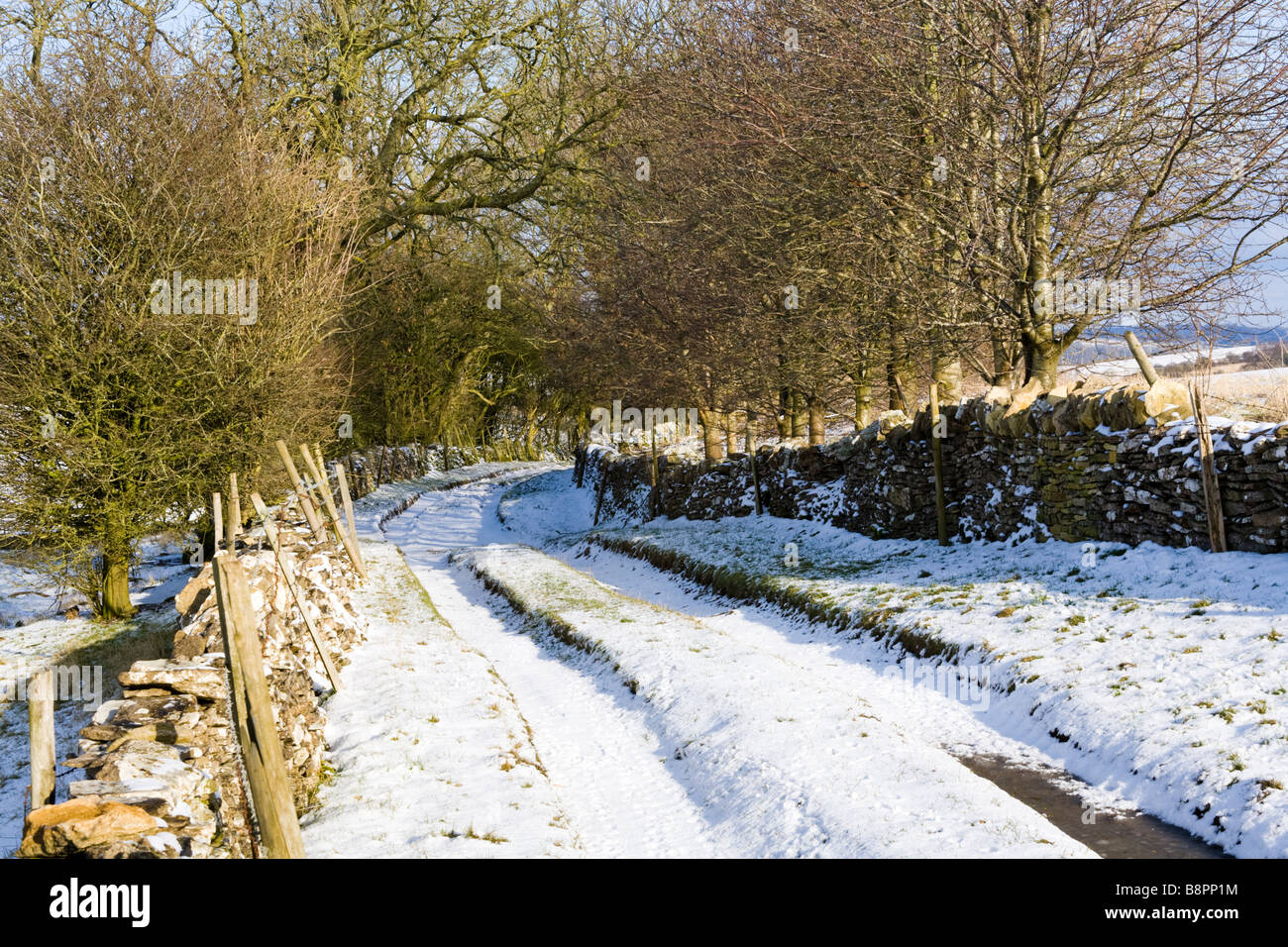 Una pista innevata in inverno il Cotswolds vicino Hawling, Gloucestershire Foto Stock
