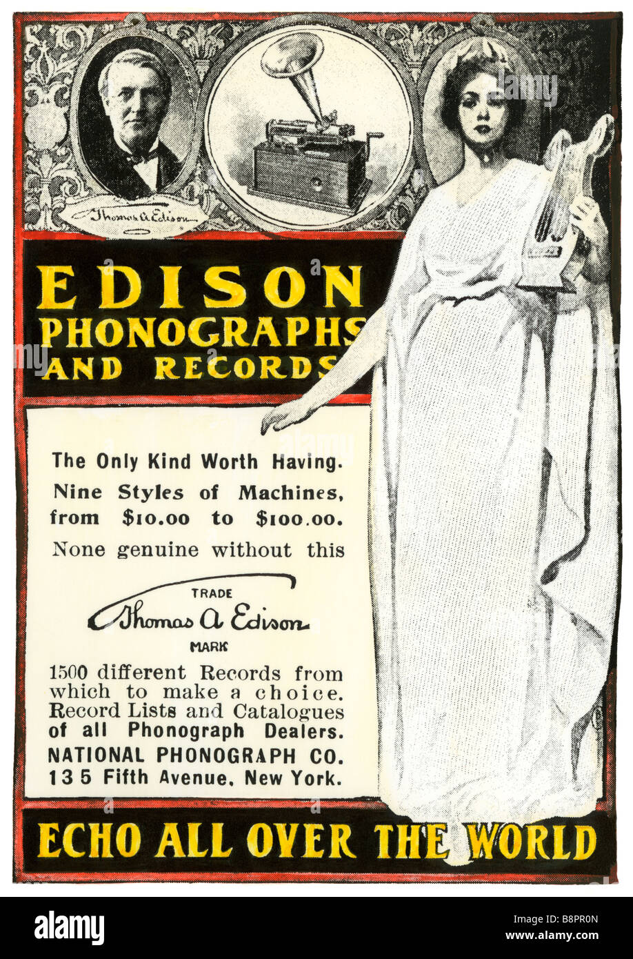 Pubblicità per Edison fonografi e record nazionale di fonografo Co 1901. Colorate a mano i mezzitoni Foto Stock