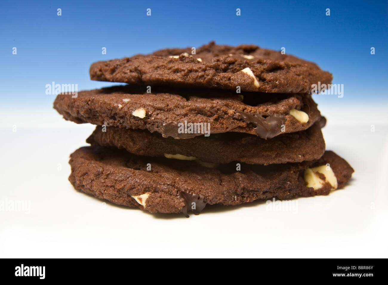 Biscotti al cioccolato su un blu di sfondo per studio Foto Stock