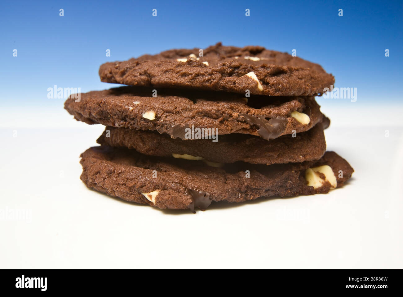 Biscotti al cioccolato su un blu di sfondo per studio Foto Stock