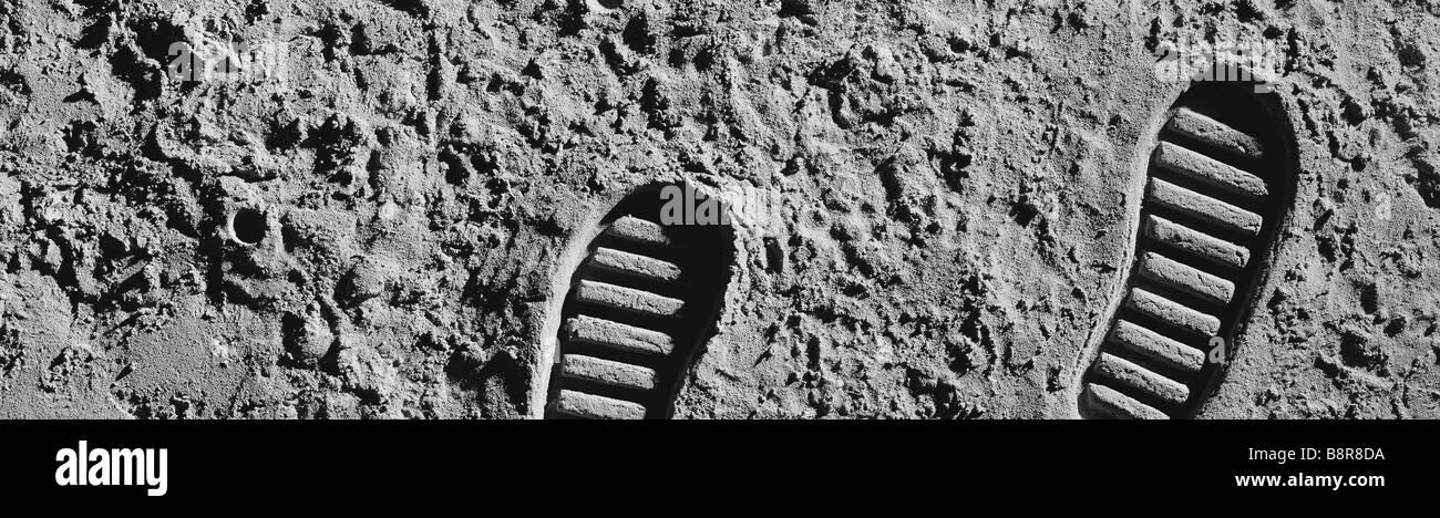 Moon boot piedi stampe impressioni sulla luna. Foto da Paddy McGuinness. paddymcguinness Foto Stock