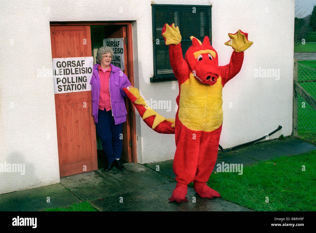Plaid Cymru drago con minder alla stazione di polling durante Islwyn byelection South Wales UK Foto Stock