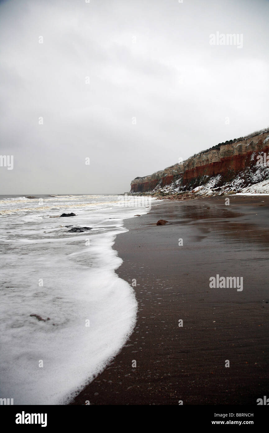 La schiuma delle onde prima coperta di neve scogliere Foto Stock