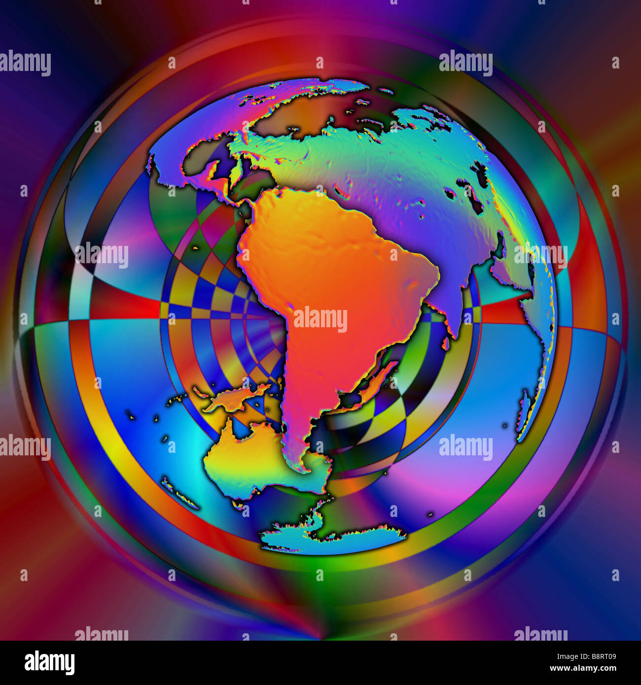 Colorata versione astratta del mondo centrata sul continente del Sud America Foto Stock