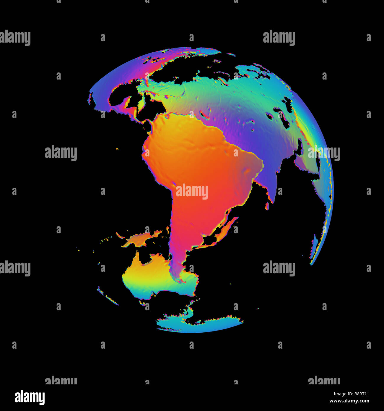 Colorata versione astratta del mondo centrata sul continente del Sud America Foto Stock