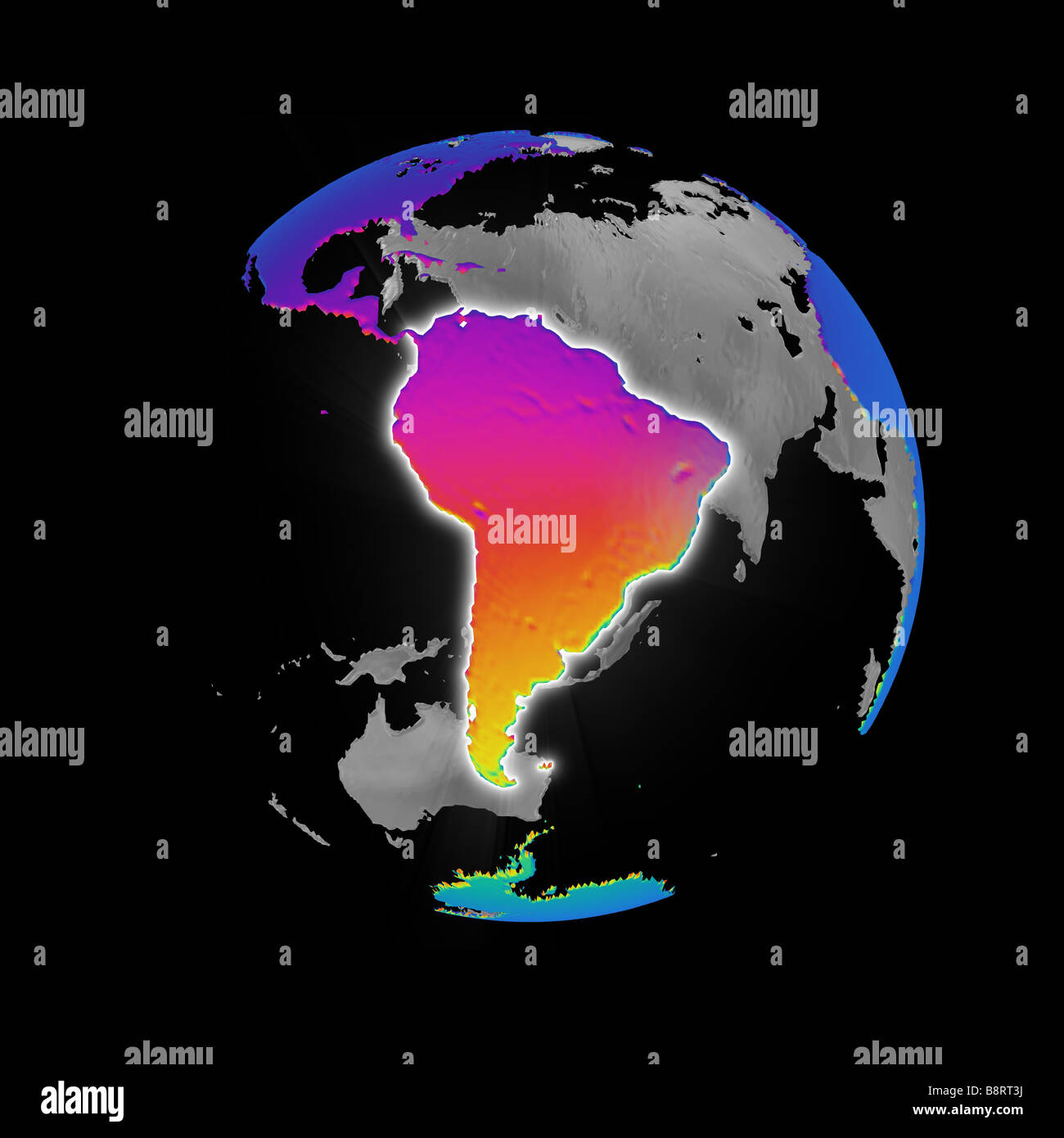 Colorata versione astratta del mondo centrata sul continente del Sud America Foto Stock