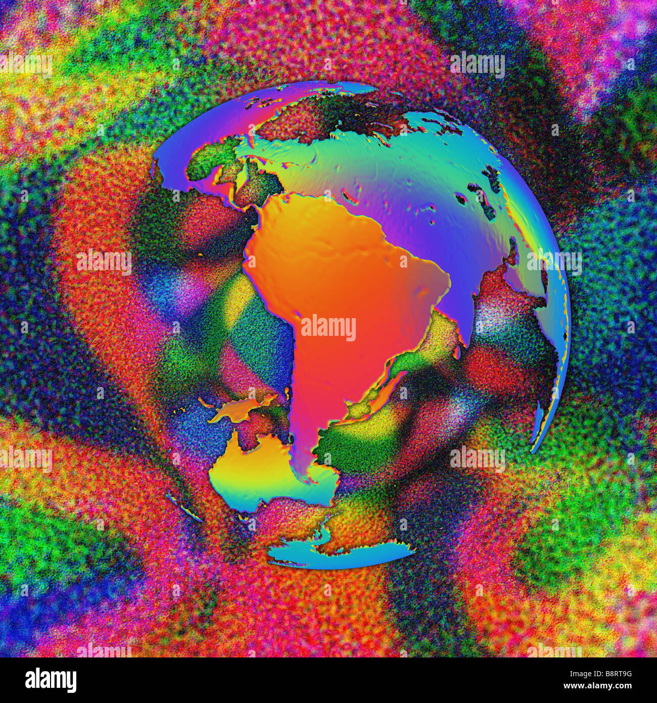 Colorata versione astratta del mondo centrata sul continente del Sud America Foto Stock