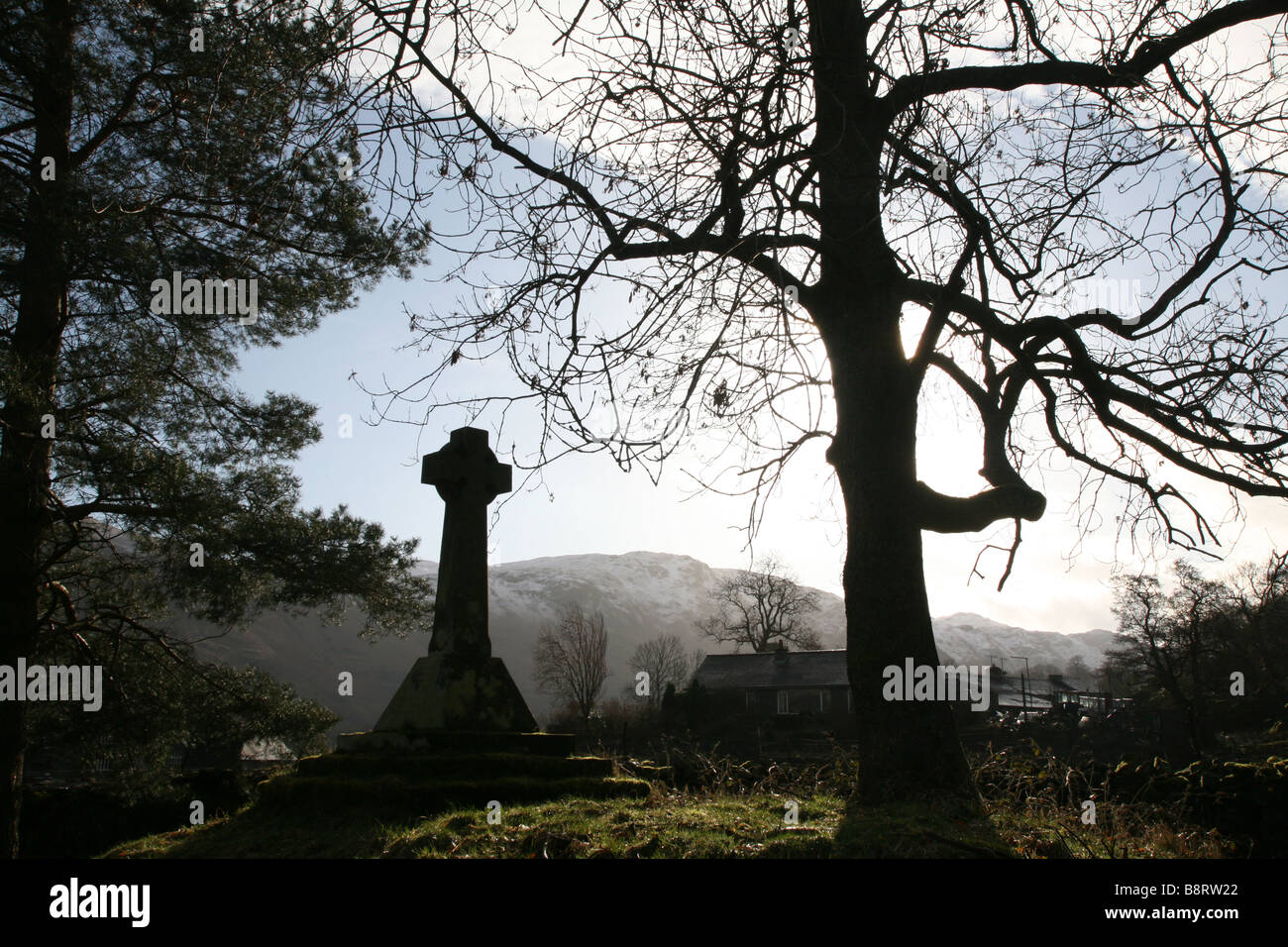 Tomba di pietra e albero nella luce del mattino Foto Stock