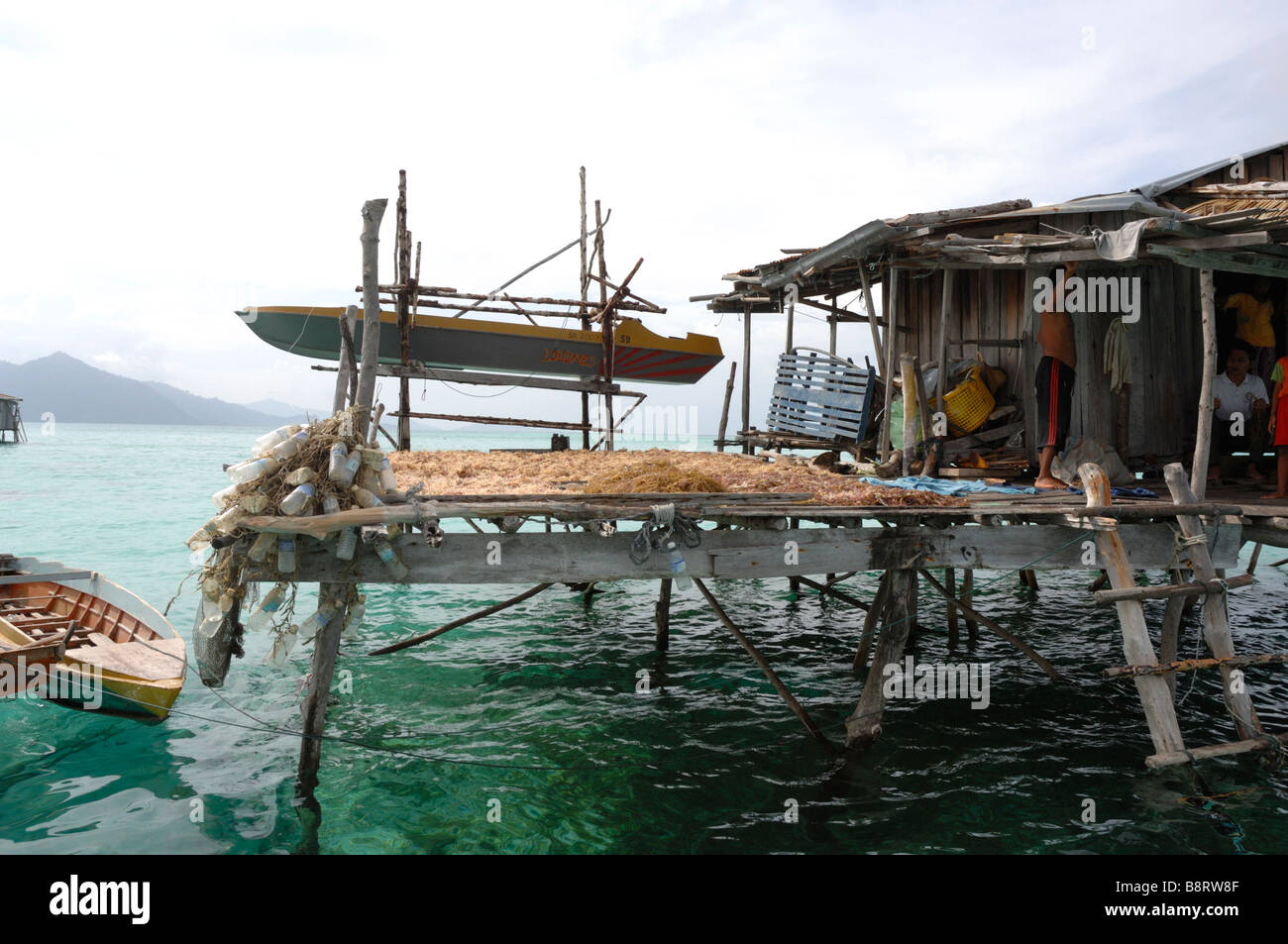 Alghe di asciugatura sulla piattaforma di casa Semporna Sulu Malesia Mare del Sud-est asiatico Foto Stock