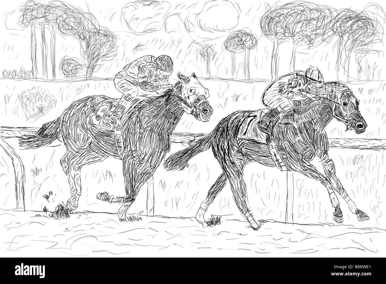 Penna e inchiostro di disegno di un cavallo di razza con sfondo Foto Stock