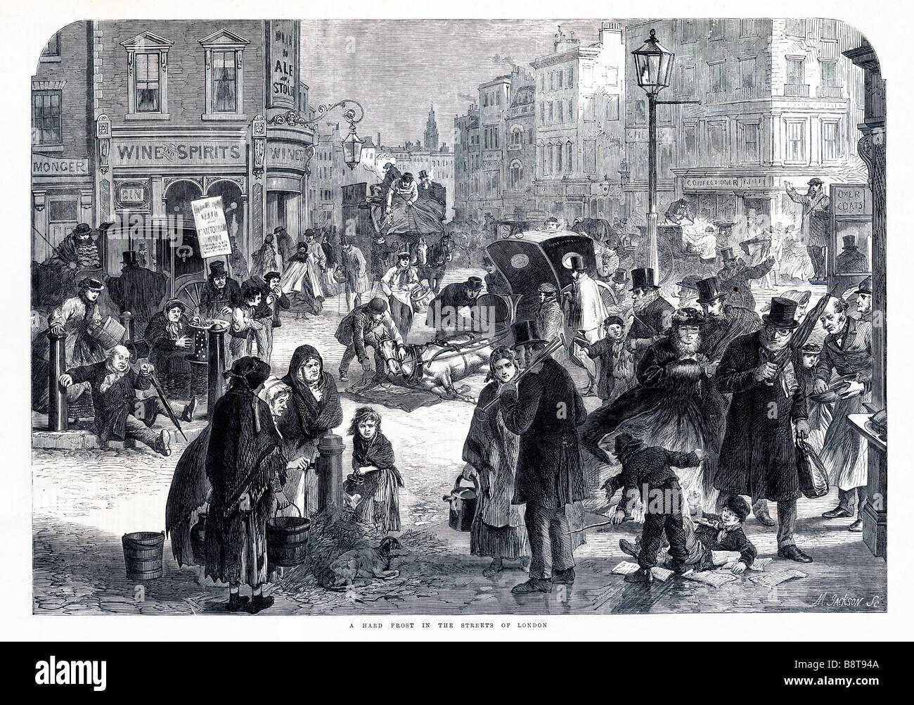 Hard Frost nelle strade di Londra 1865 incisione di un inverno Vittoriano scena in un freddo Gennaio Foto Stock