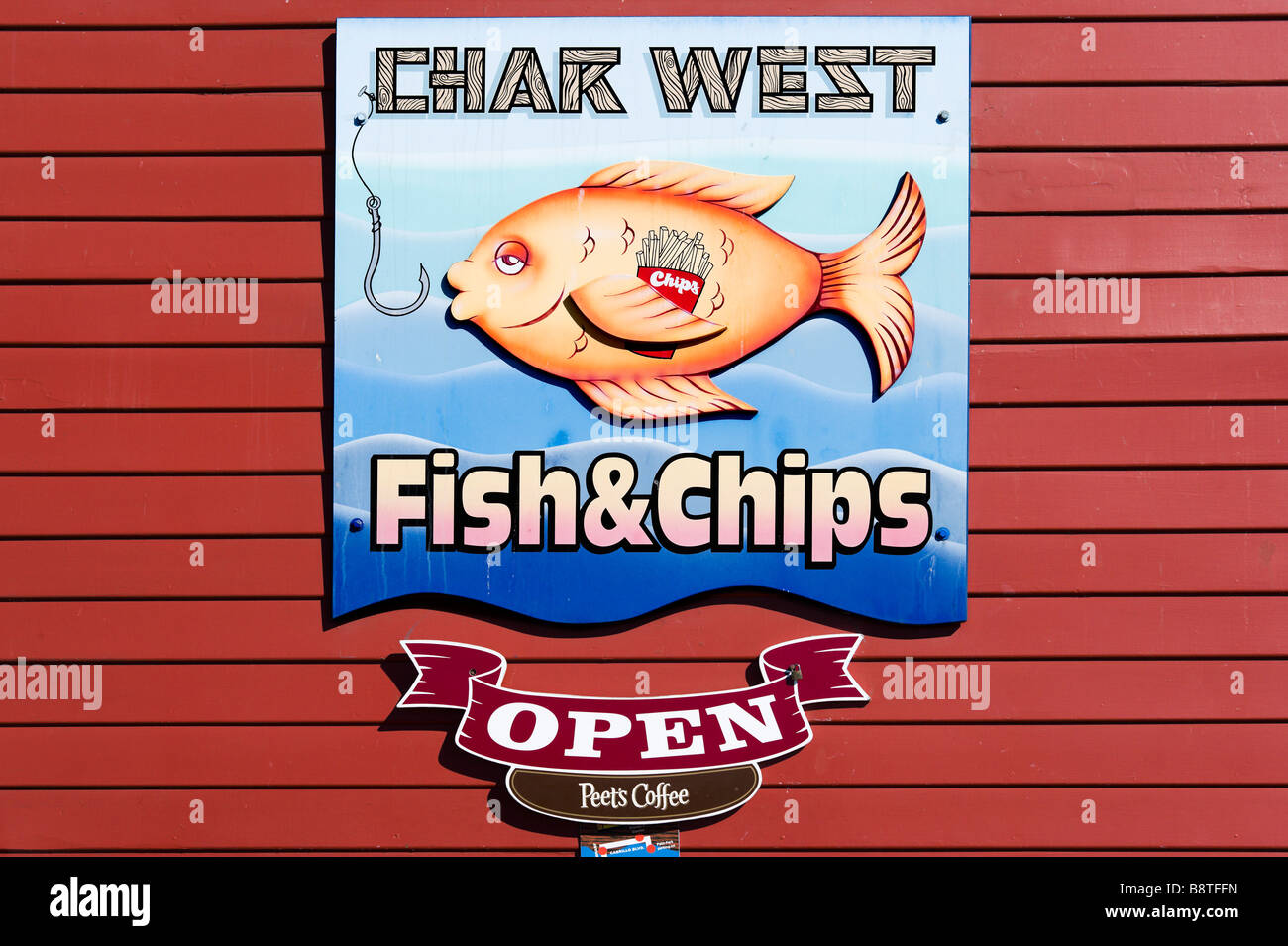 Segno per pesce e patatine ristorante sul Stearns Wharf, Santa Barbara, California, Stati Uniti d'America Foto Stock