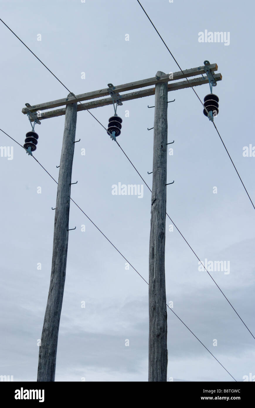 In legno poli di potenza vicino al lago di Ohau portano le linee di alta tensione il collegamento in Nuova Zelanda il National Grid Foto Stock