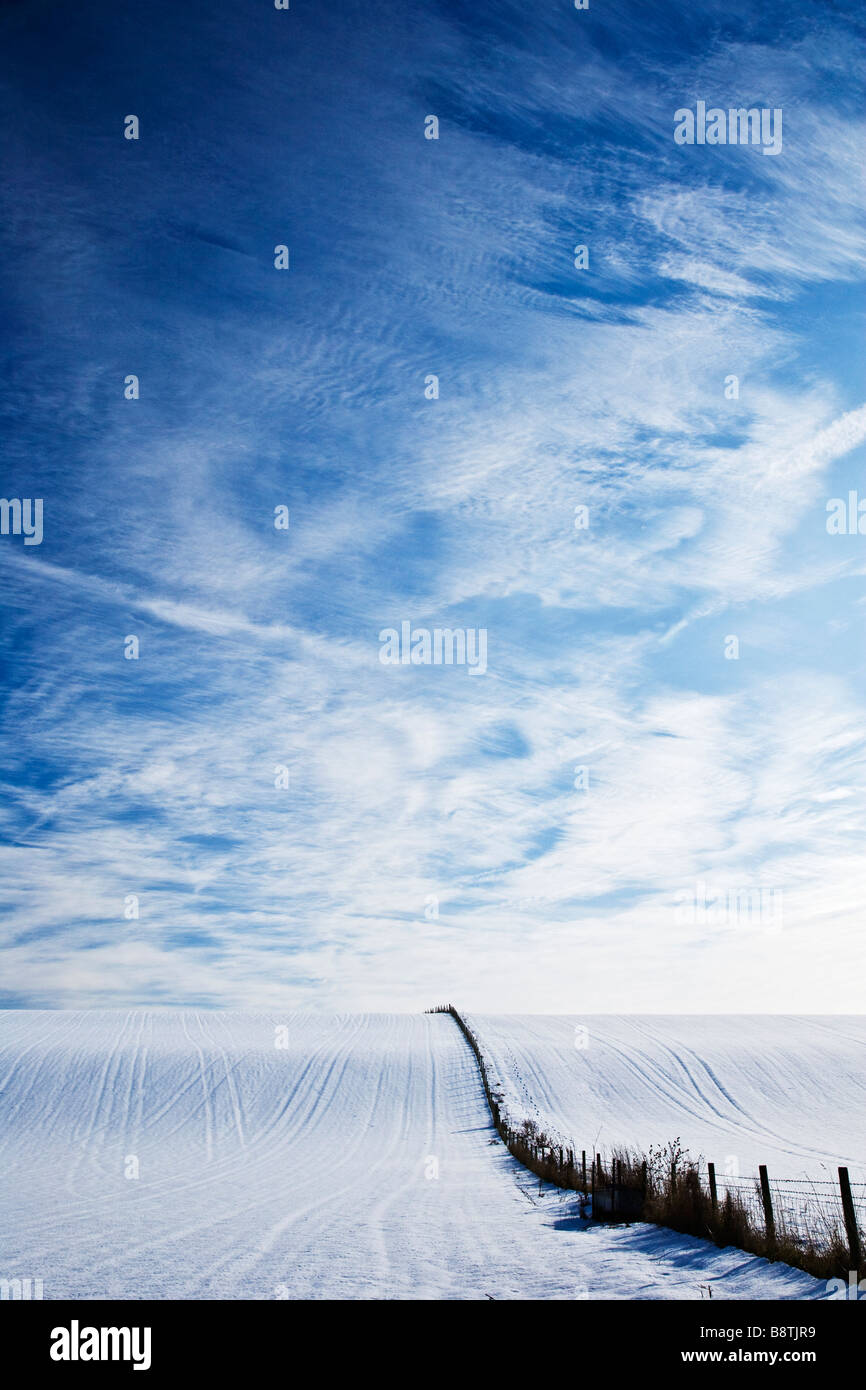 Un soleggiato paesaggio innevato visualizzare o scena mostrando una coperta di neve campo e cirrus la formazione di nubi in un cielo blu Foto Stock
