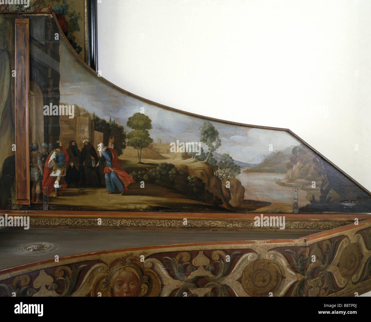 Dettaglio del dipinto del cinquecento italiano o tedesco cembalo nel Nord Ovest stanza a Fenton House Foto Stock