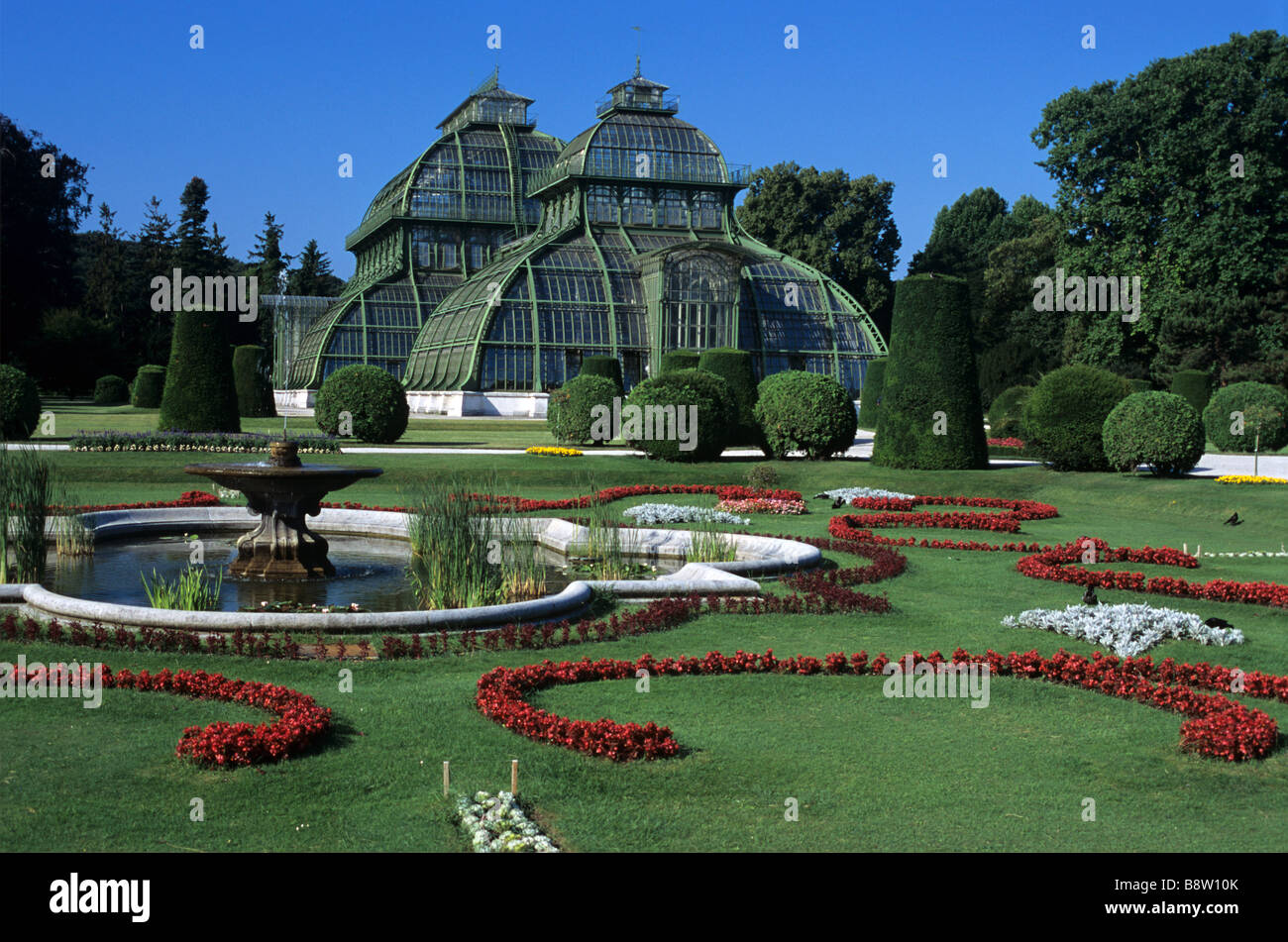 Vetro e acciaio La Casa delle Palme, Palmenhaus o serra in Schloss Schönbrunn Palace Gardens & piscina, Vienna, Austria Foto Stock