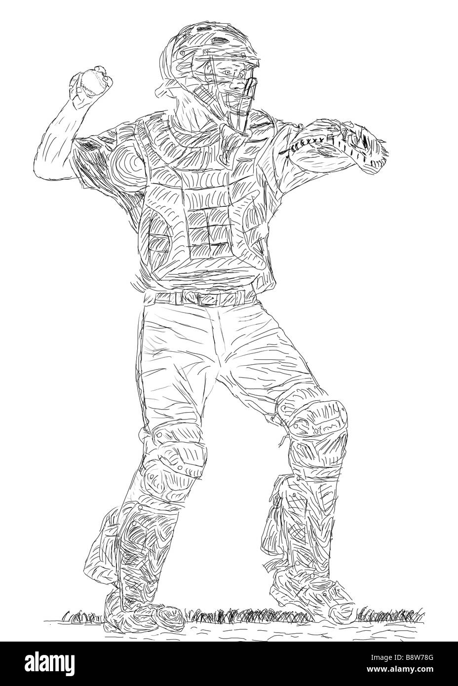 Penna e inchiostro disegno di un baseball Catcher circa a buttare la palla Foto Stock