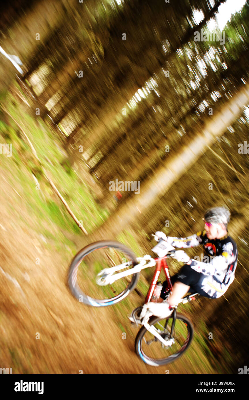 Mountain Bike Rider alla velocità nei boschi Foto Stock