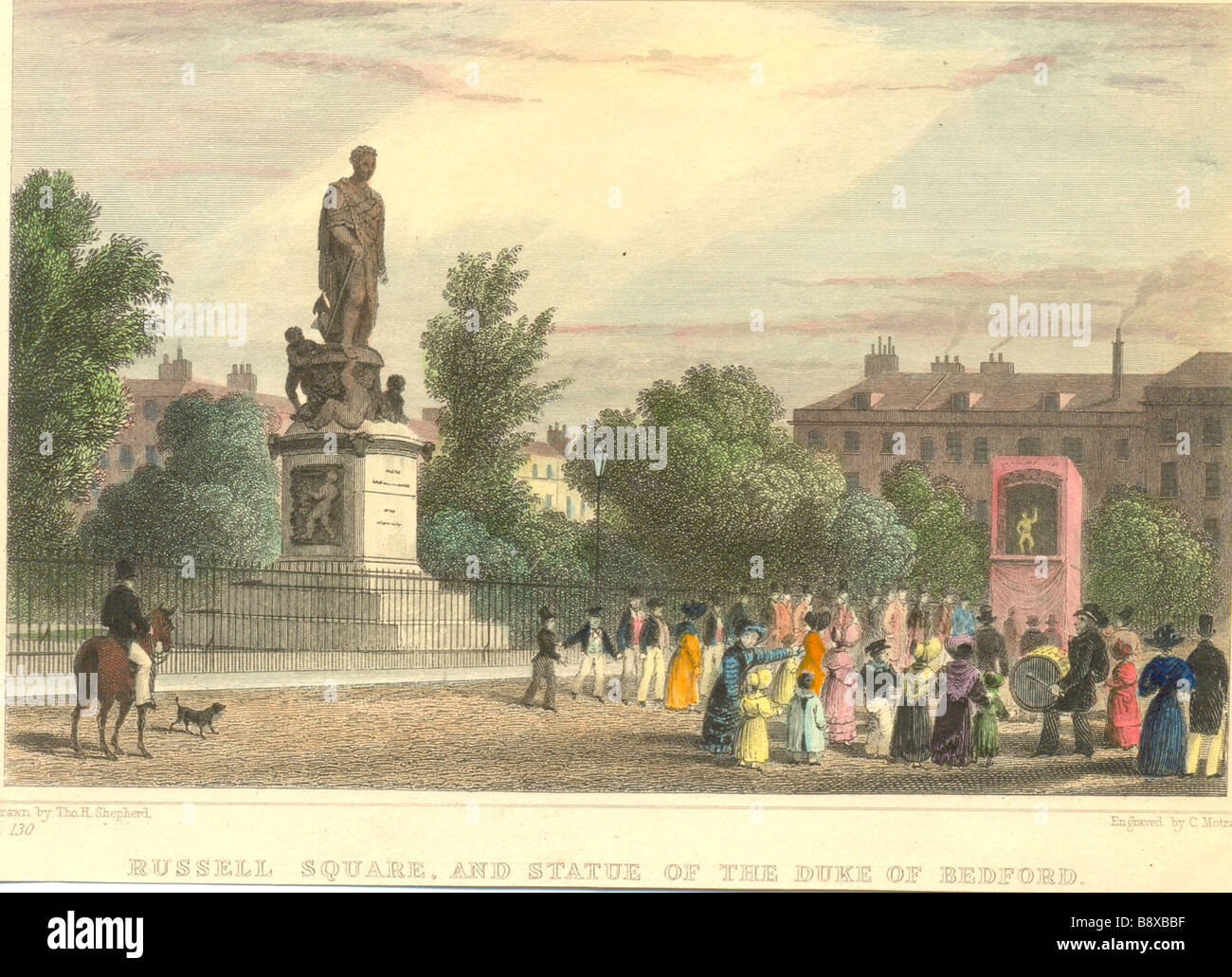 Stampa Handcolored di Russell Square, Londra circa 1840 Foto Stock