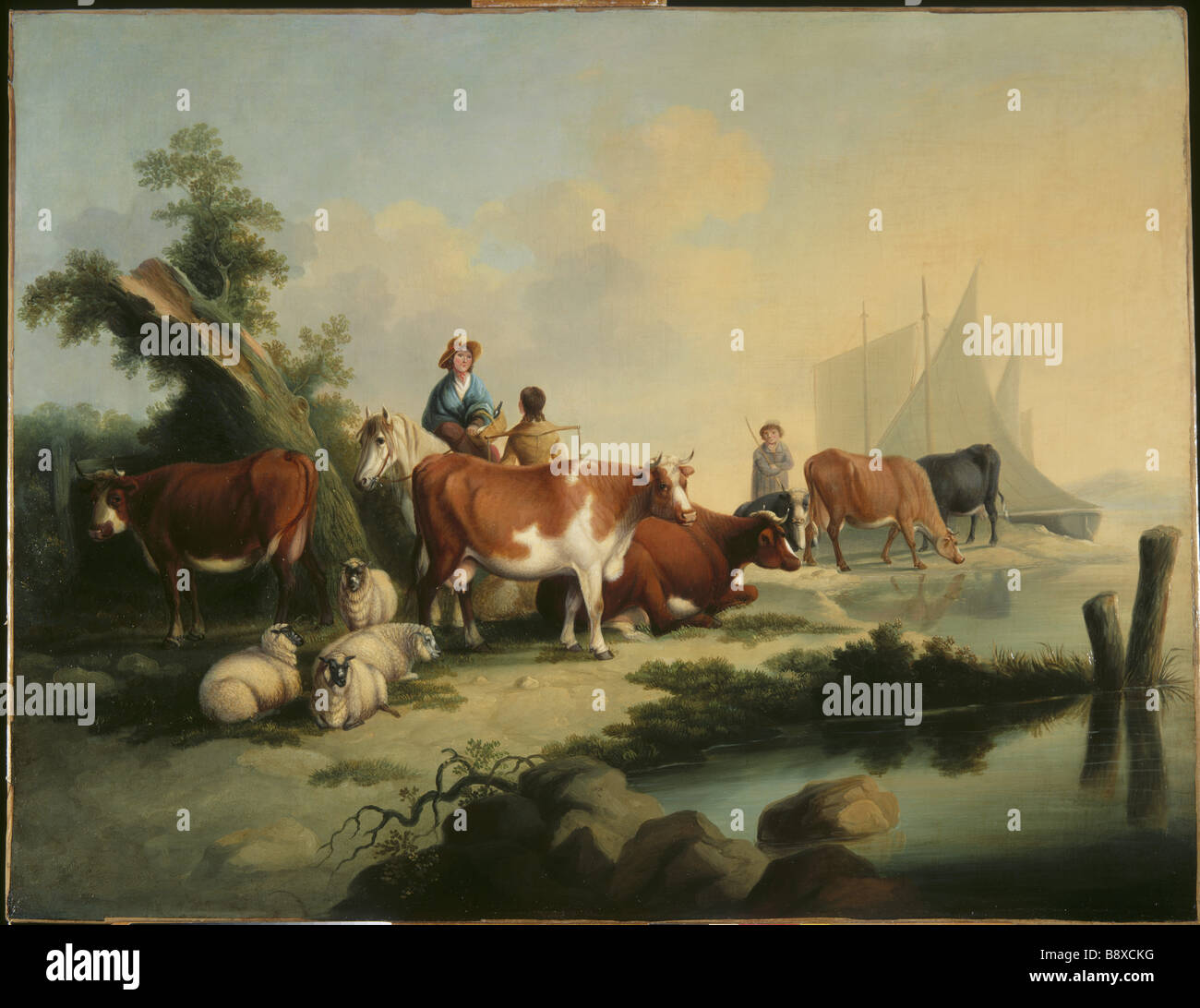 Paesaggio con allevatori bovini da un fiume del XIX secolo Scuola di inglese post conservazione presso il Greyfriars a Worcester Foto Stock