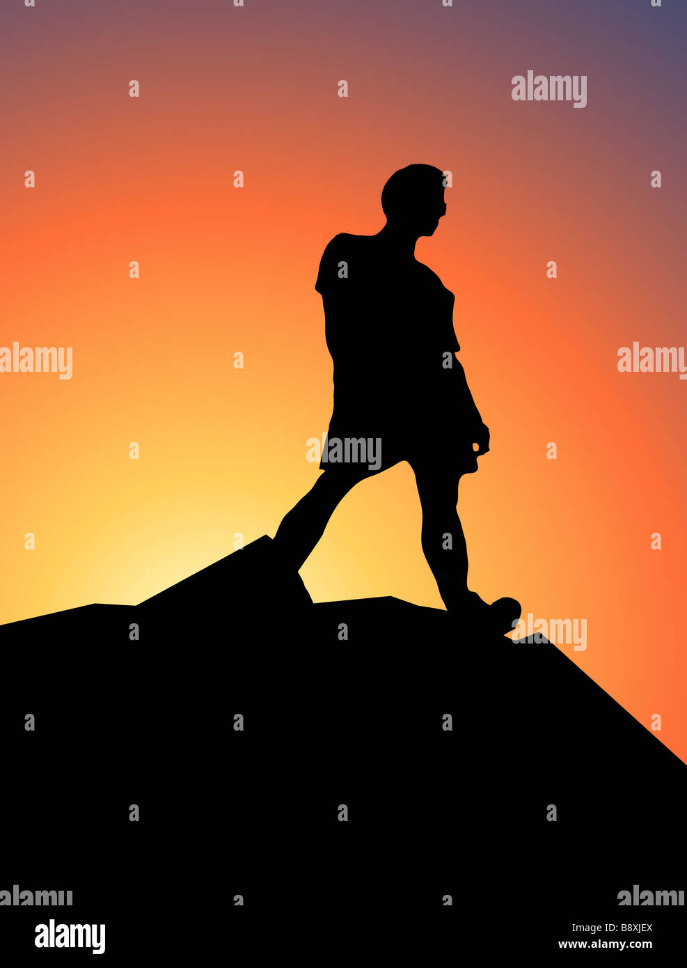 In base vettoriale illustrazione della silhouette di un uomo in piedi sulla cima di una montagna Foto Stock