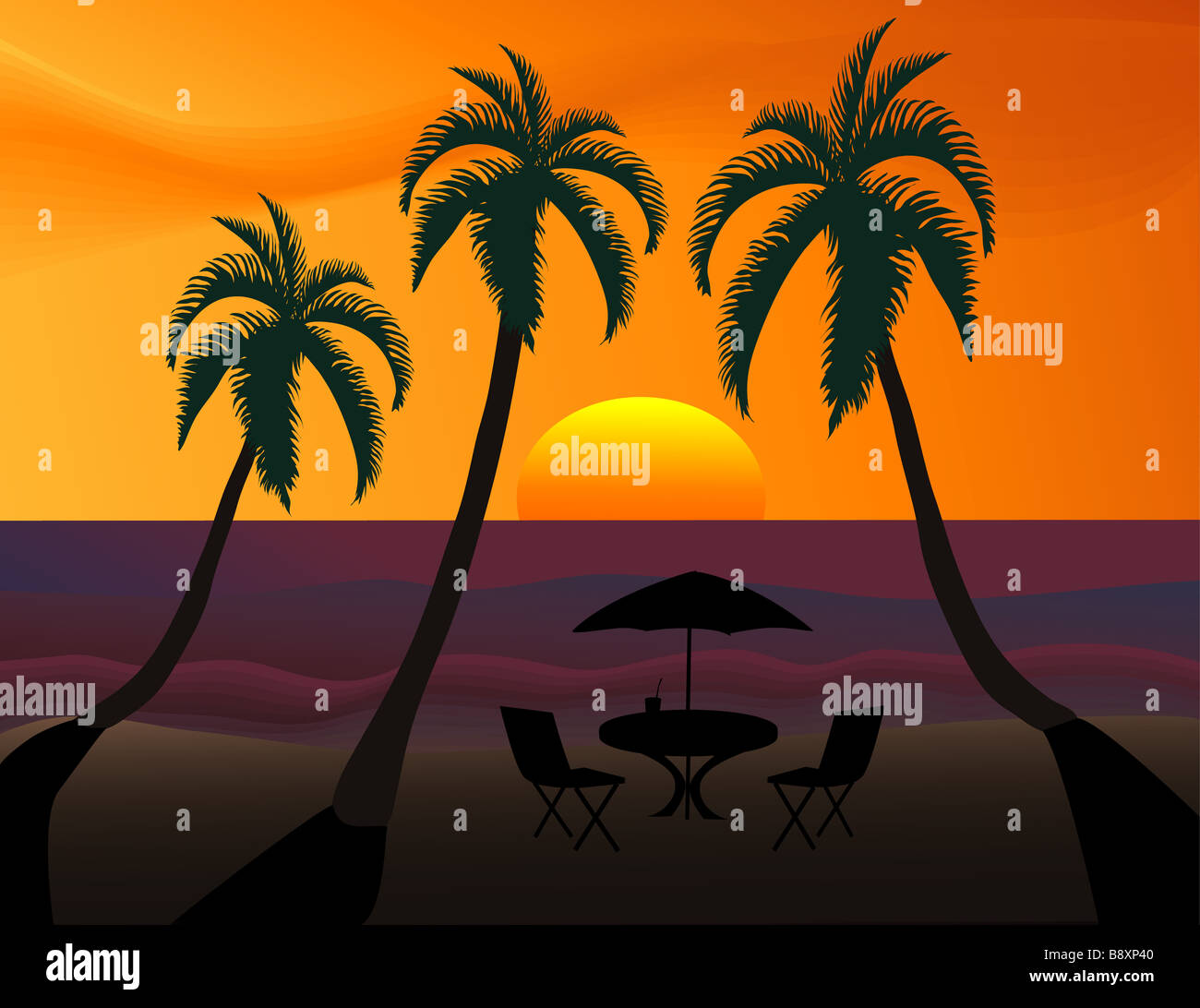 Tramonto tropicale con spiaggia di tabella e palme stagliano Foto Stock