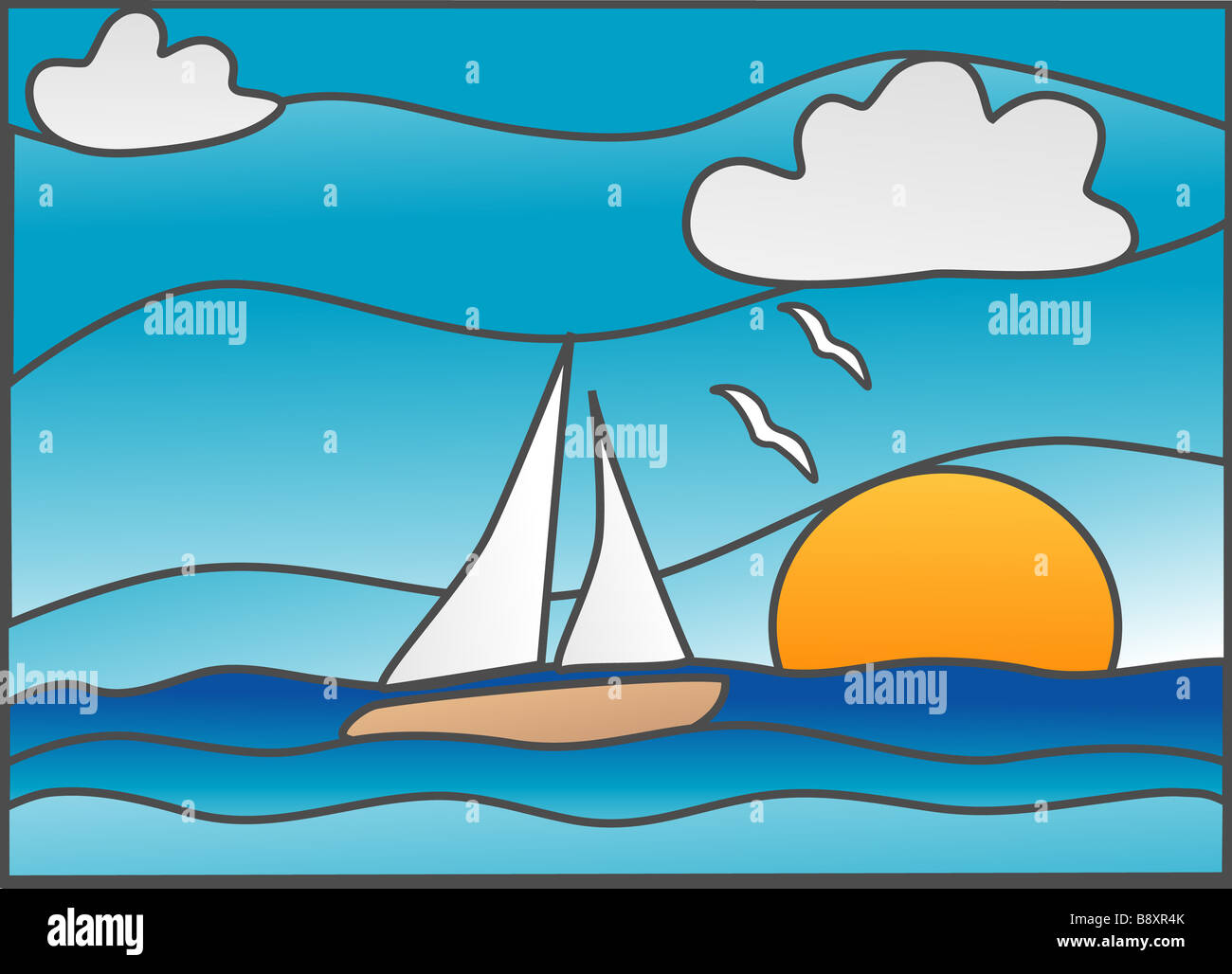 Barca a vela in oceano in vetro colorato stile illustrazione Foto Stock