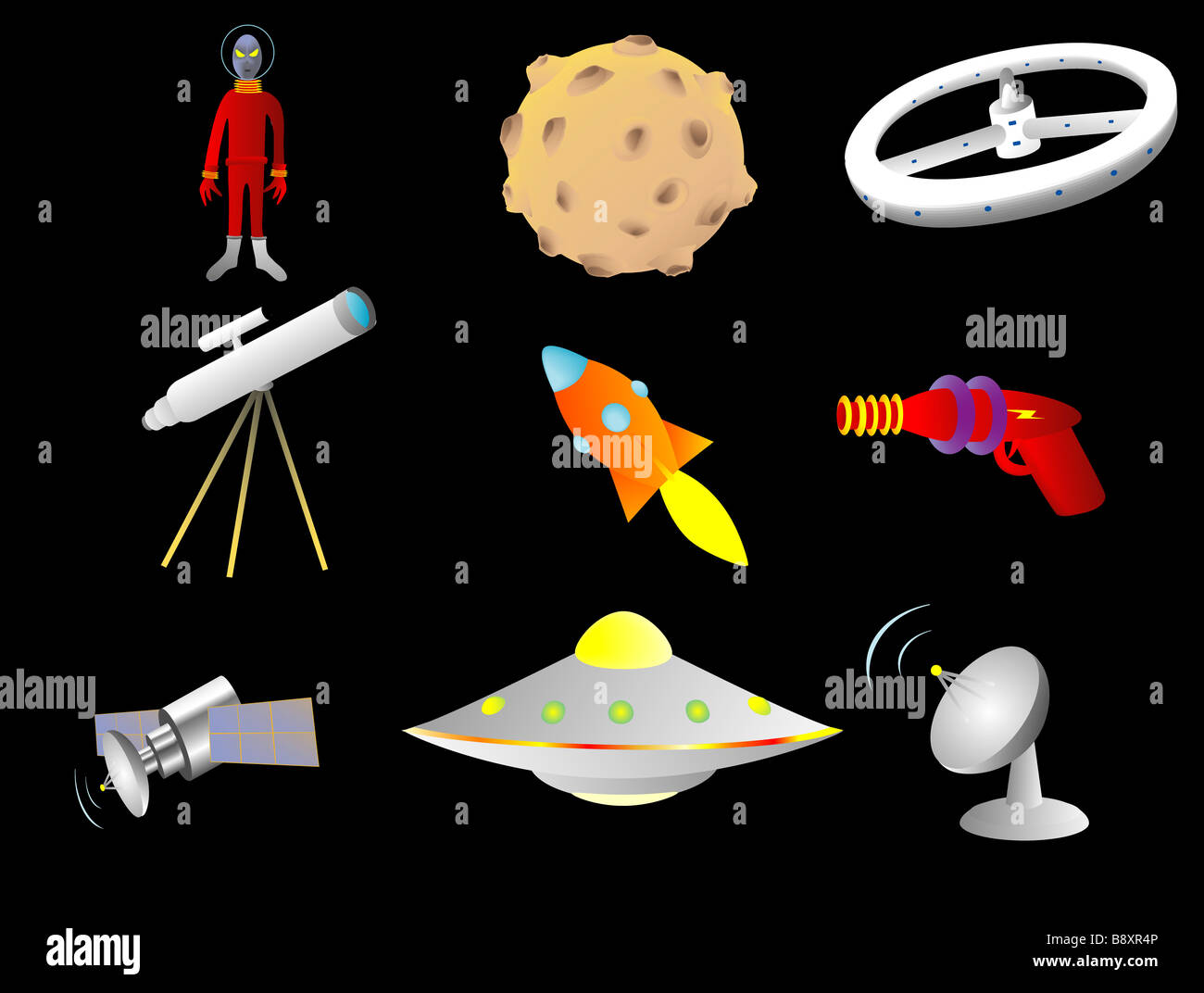 Gli oggetti con uno spazio o un tema della fantascienza illustrazione vettoriale Foto Stock
