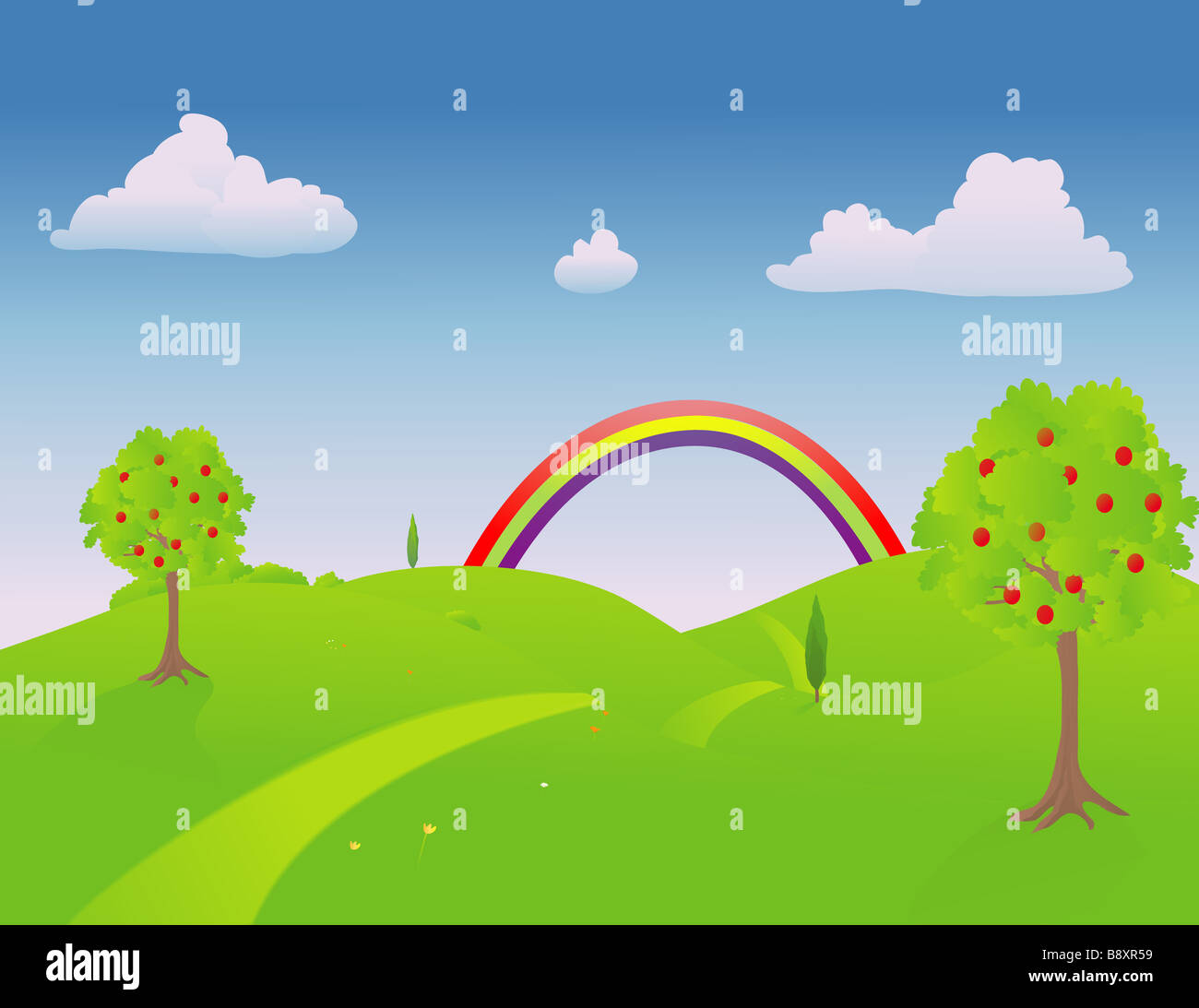 Il sentiero attraverso la campagna in primavera con un arcobaleno alla fine Foto Stock