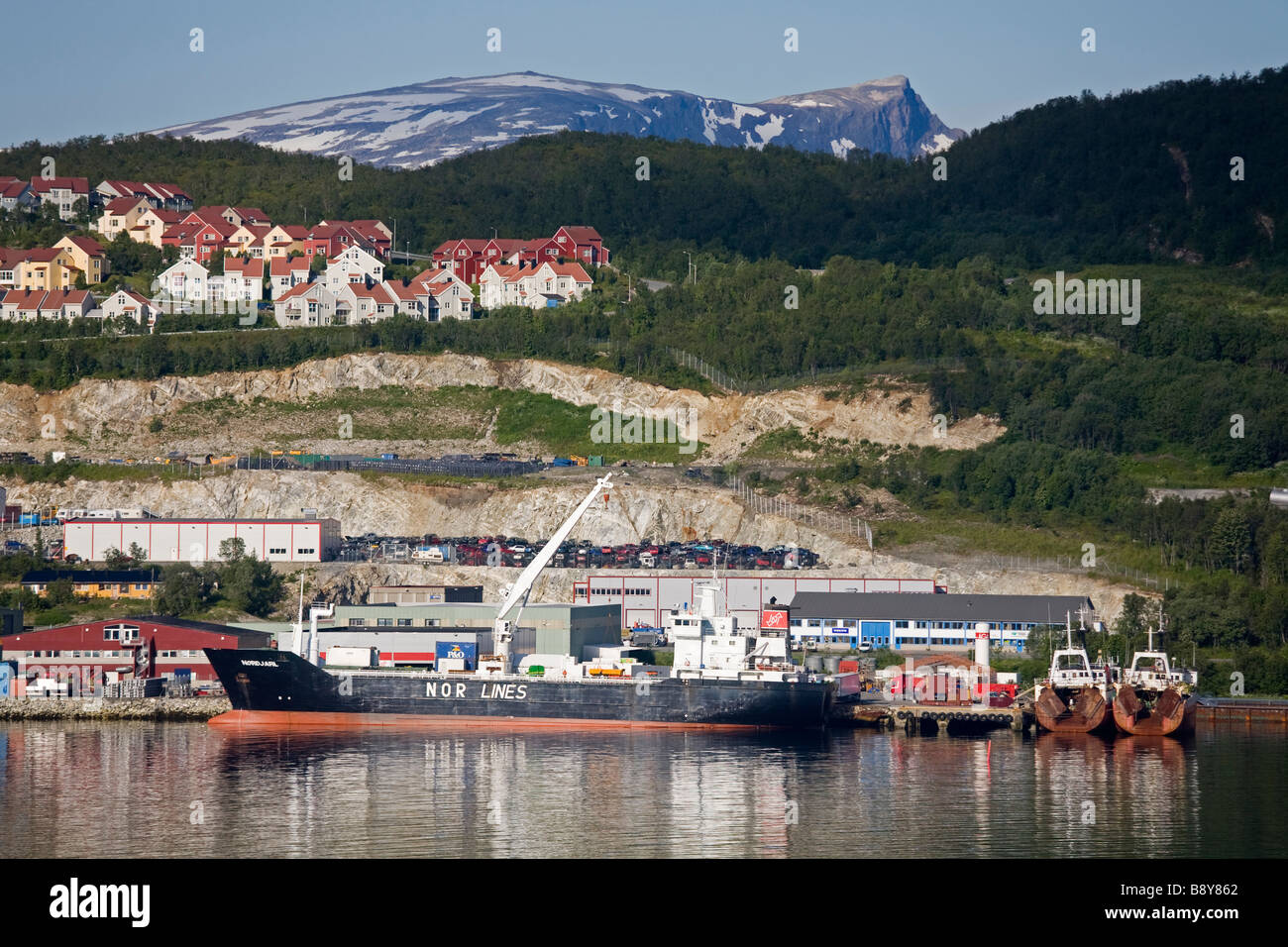 Contenitore nave ad un dock commerciale, Tromso, Toms County, Nord-Norge, Norvegia Foto Stock
