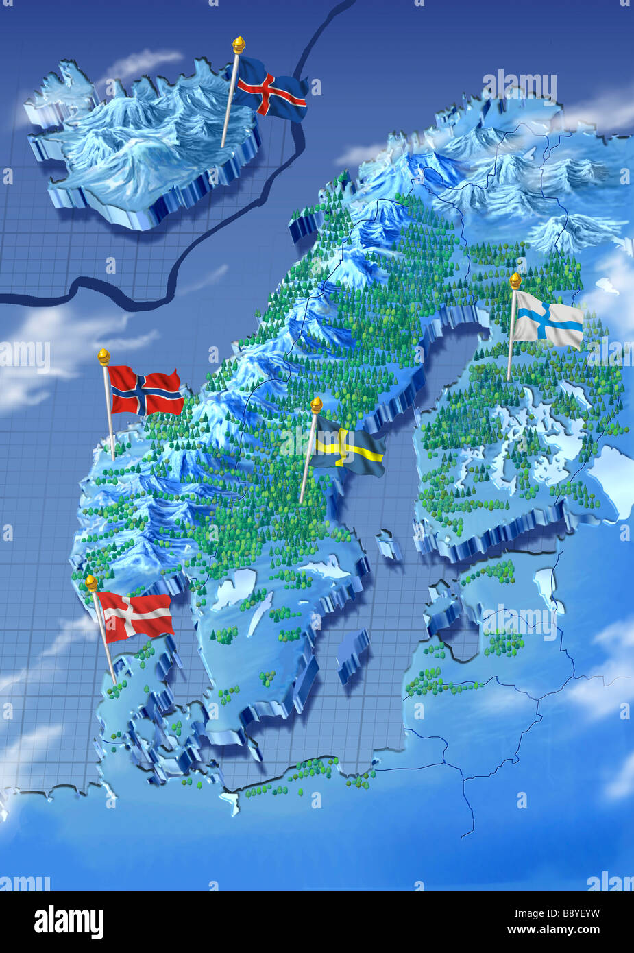 Mappa dipinta con i paesi nordici, Svezia, Norvegia, Finlandia, Danimarca e Islanda Foto Stock
