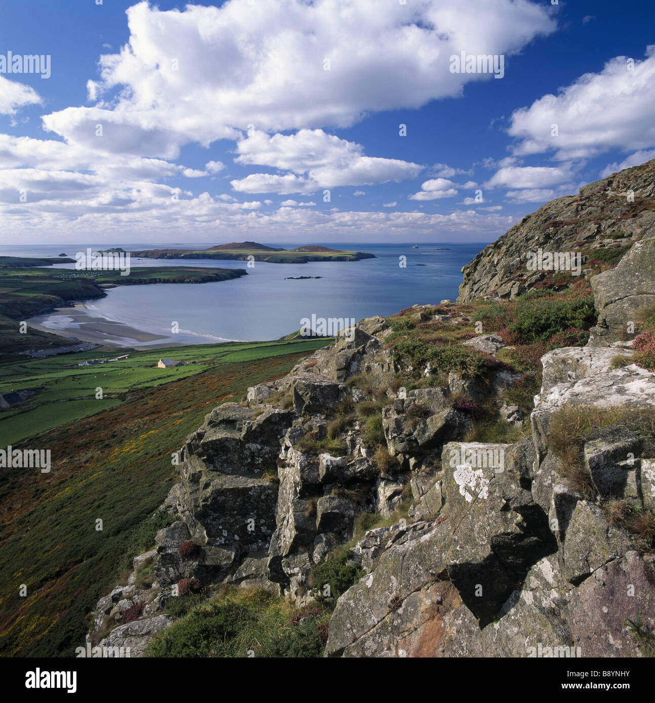 Vista da Carn Llidi su St David s di testa su Whitesands Bay verso Ramsey Island a St sposa s Bay Foto Stock