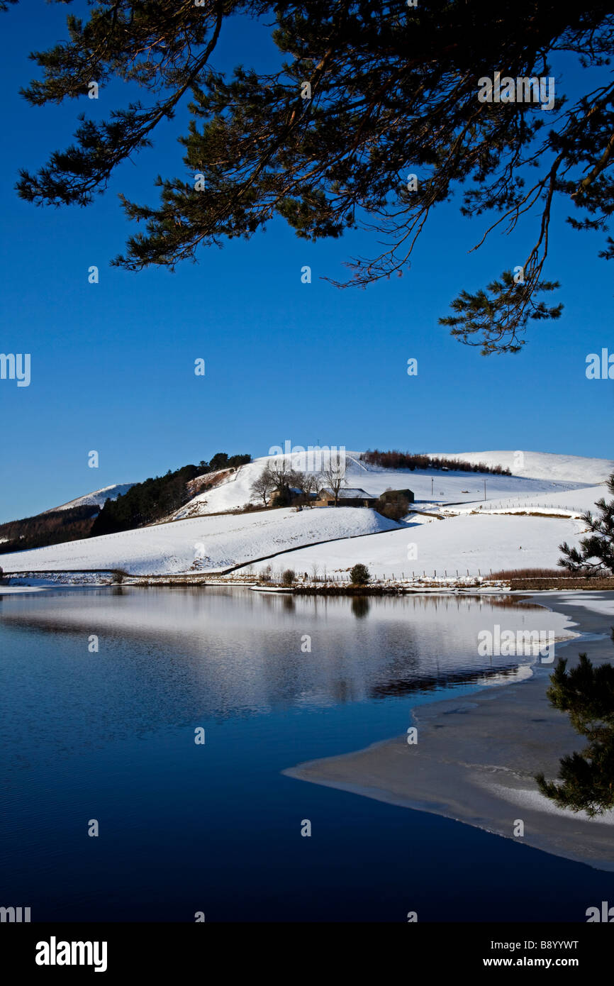Coperta di neve paesaggio invernale, Glencorse serbatoio, Pentland Hills, Midlothian, Scotland, Regno Unito, Europa Foto Stock