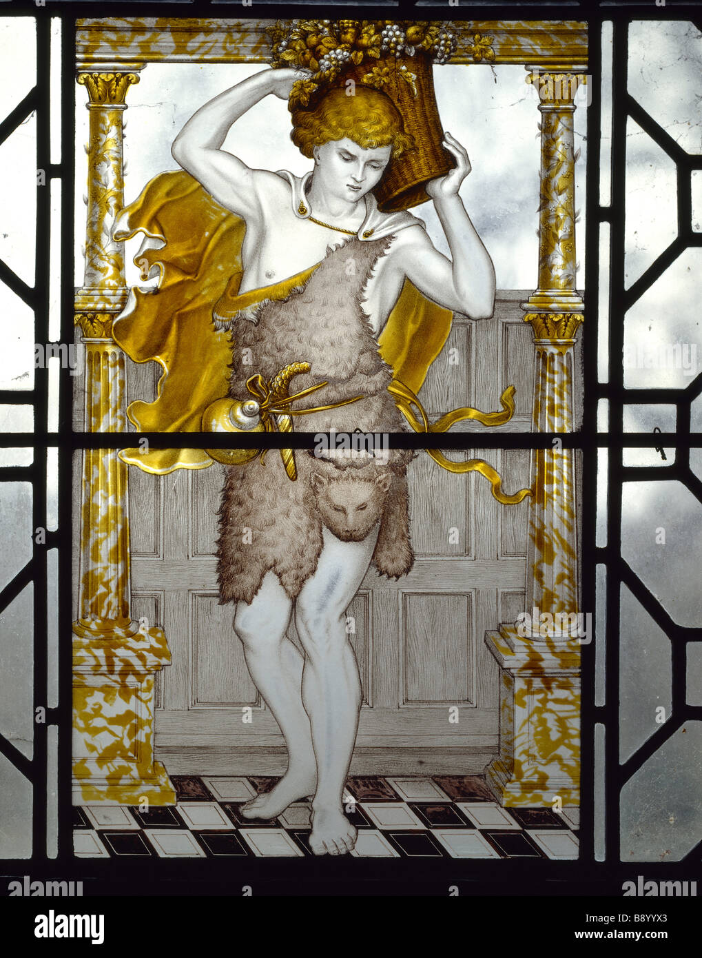 Vetro dipinto da C E Kempe in rappresentanza di autunno e che illustra il passaggio da William Morris il paradiso terrestre Foto Stock