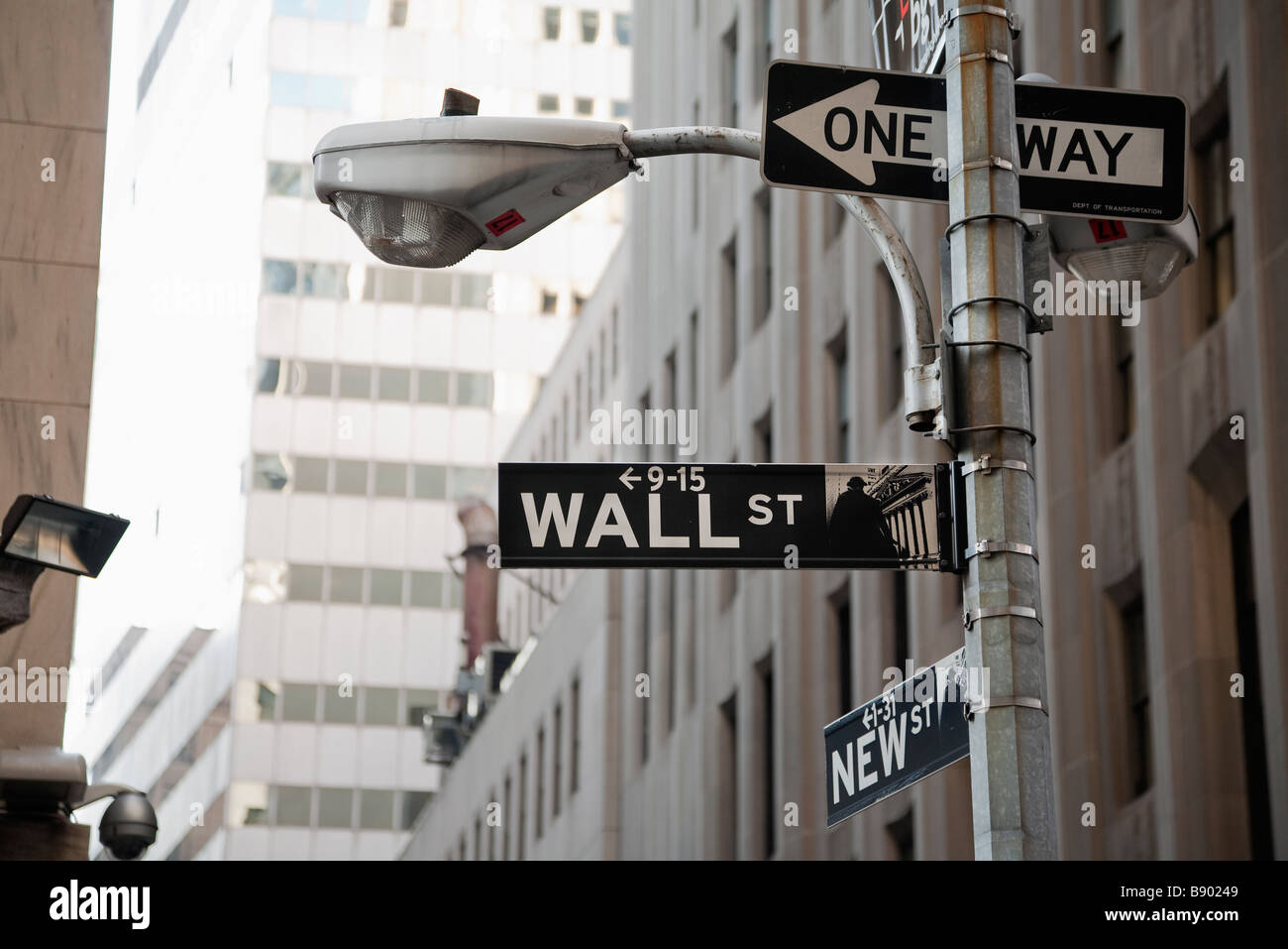 Wall Street segno su un lampione New York STATI UNITI D'AMERICA Foto Stock