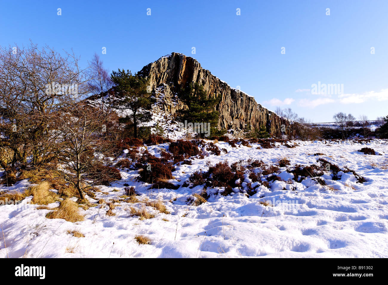 Vista invernale della cava Cawfields sul vallo di Adriano in Northumberland Foto Stock