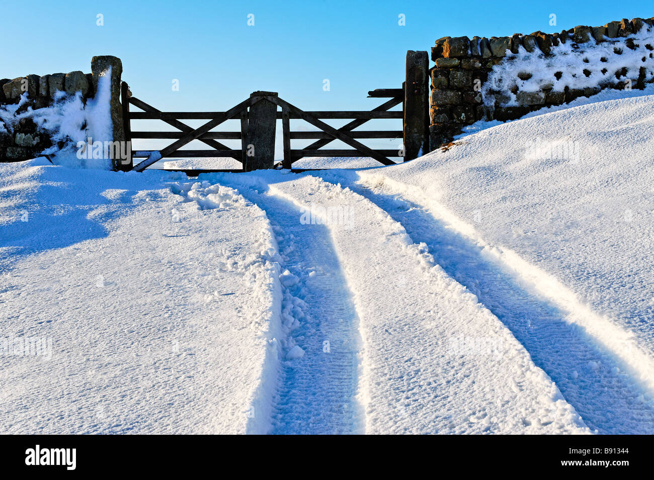 Tracce nella neve profonda che conduce ad un cancello Foto Stock