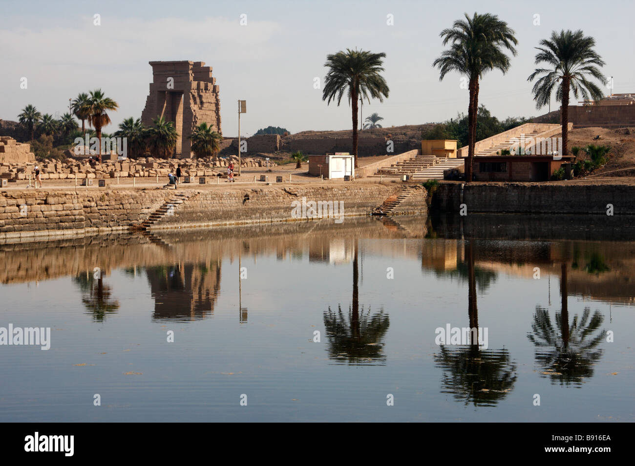 Palme riflessa nell'acqua del lago sacro, Tempio di Karnak Luxor Egitto, [Nord Africa] Foto Stock