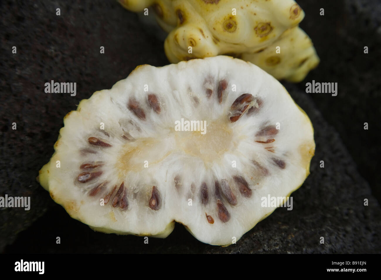 Primo piano della dimezzato Noni frutto. Foto Stock