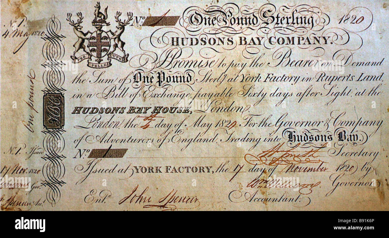 Uno storico Pound Sterling nota rilasciata dall'Hudsons Bay Company a York fabbrica di Novembre 17, 1820 Foto Stock