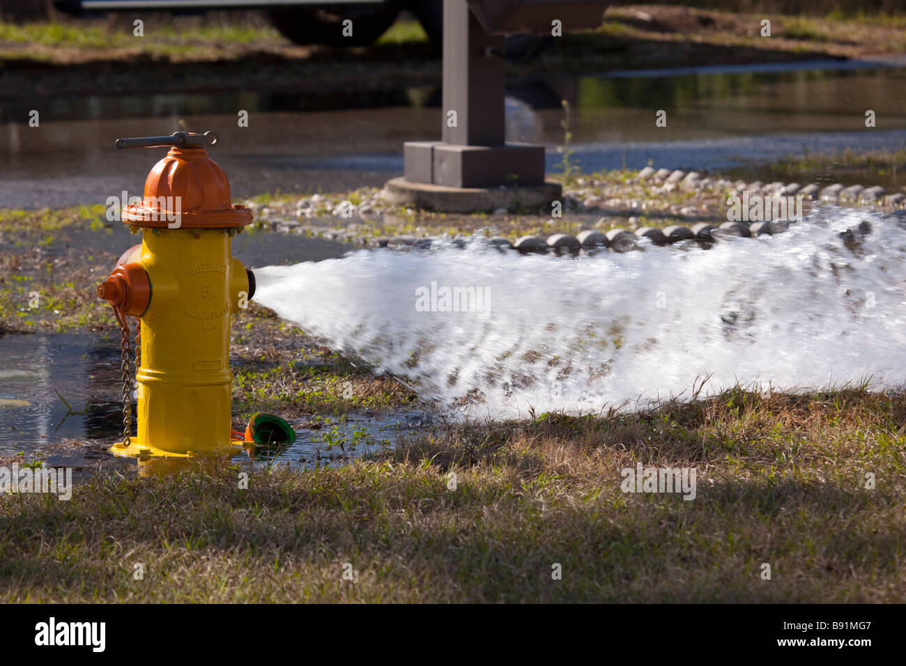 Acqua che sgorga fuori un fuoco aperto idrante Foto Stock